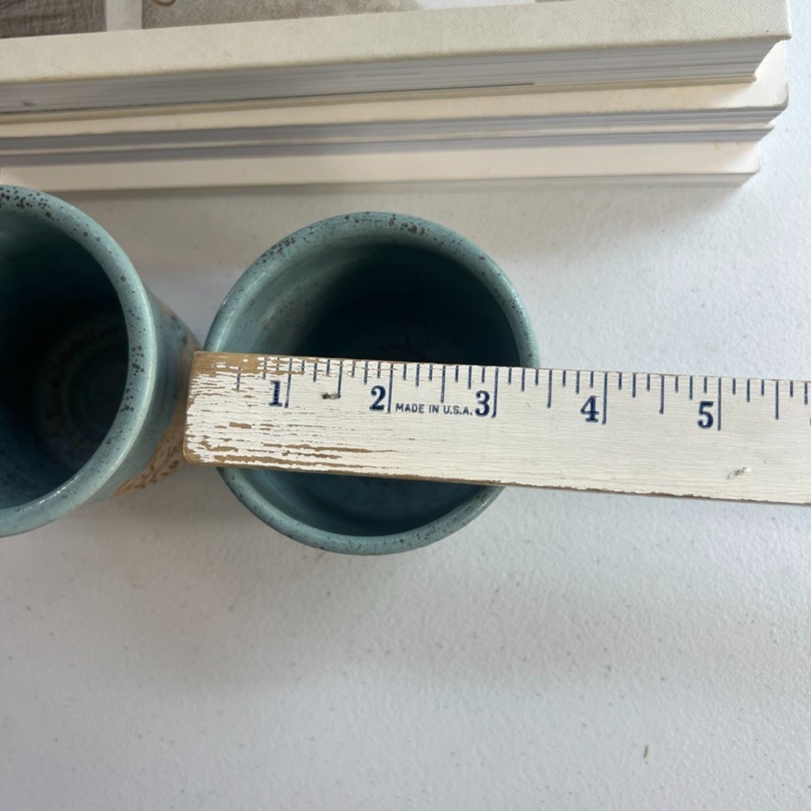 Unmarked Stoneware Tumbler Cups Speckled Blue Etched Tree Design Set of 2