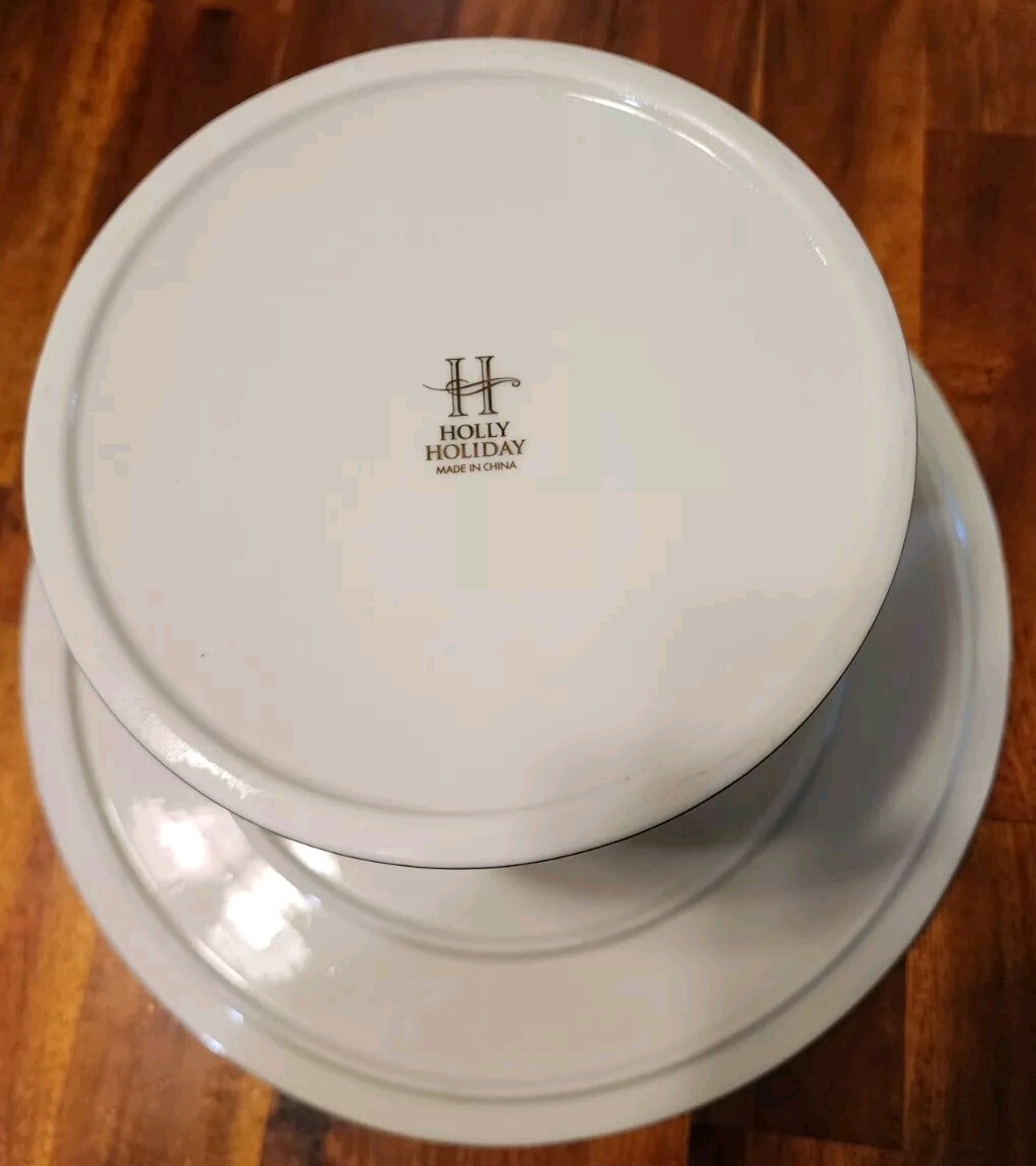 Cake Pie Stand & Server Holly Holiday Home for the Holidays Plaid Ribbon 11″ Rnd