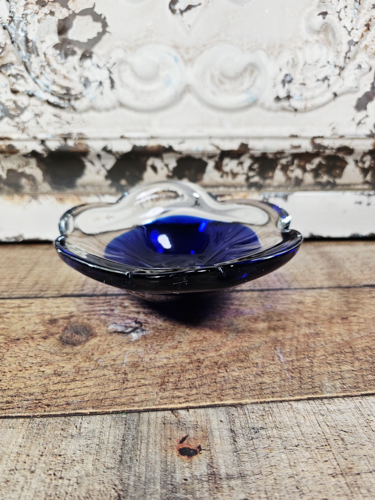 VTG Scandinavian Cobalt & Clear Candy Dish, 2″ Tall X 6″ Diameter