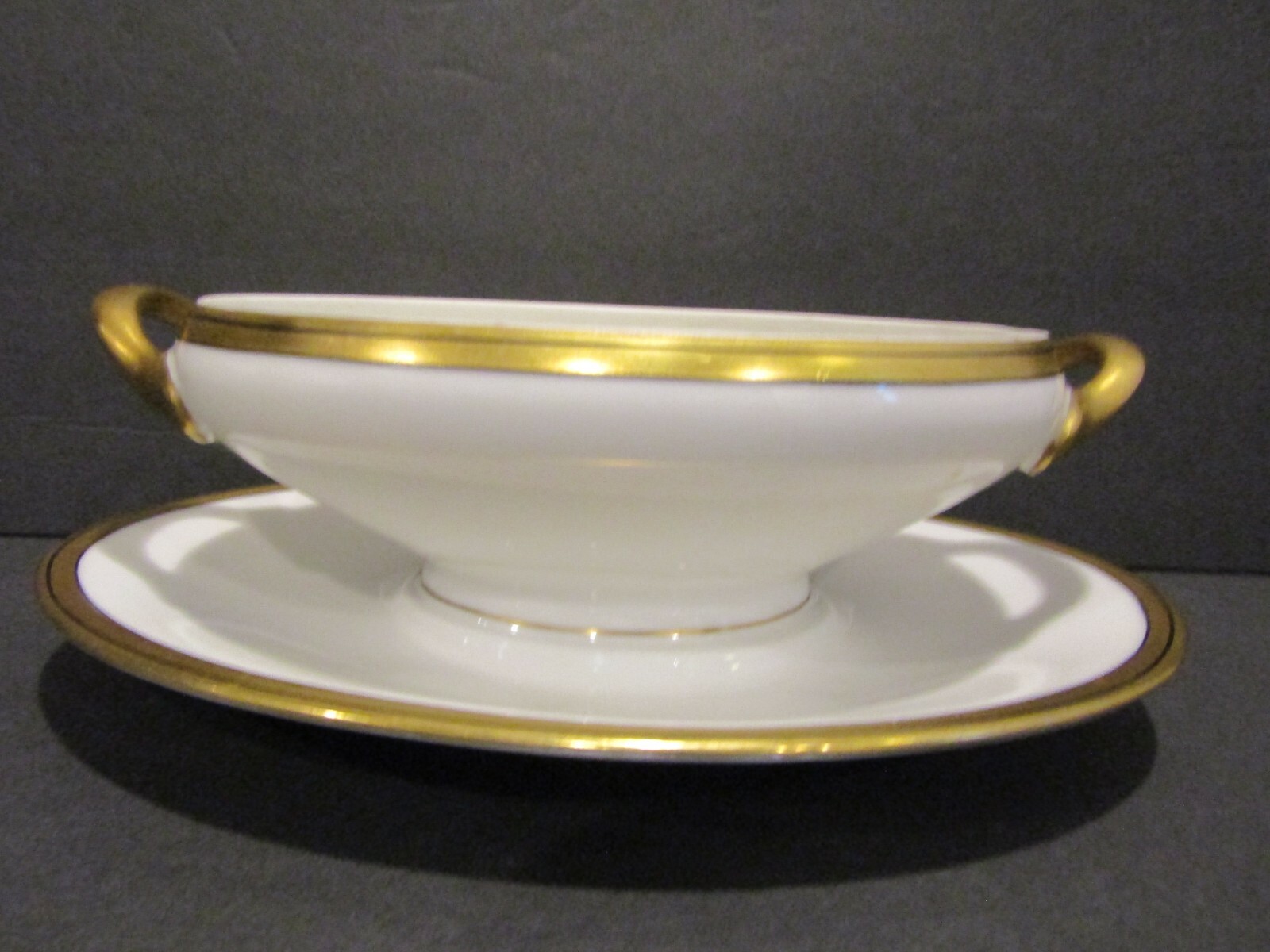 Gravy Boat With Handles & Attached Underplate – Gold With Black Stripe FRANCE
