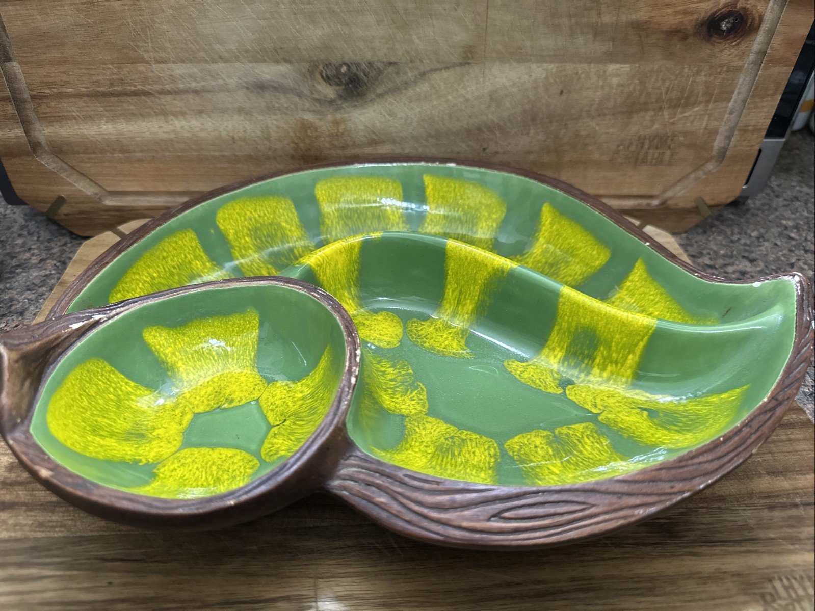 Vintage California Pottery #602 Sequoia Ware Yellow Green Drip Glaze Leaf Dish