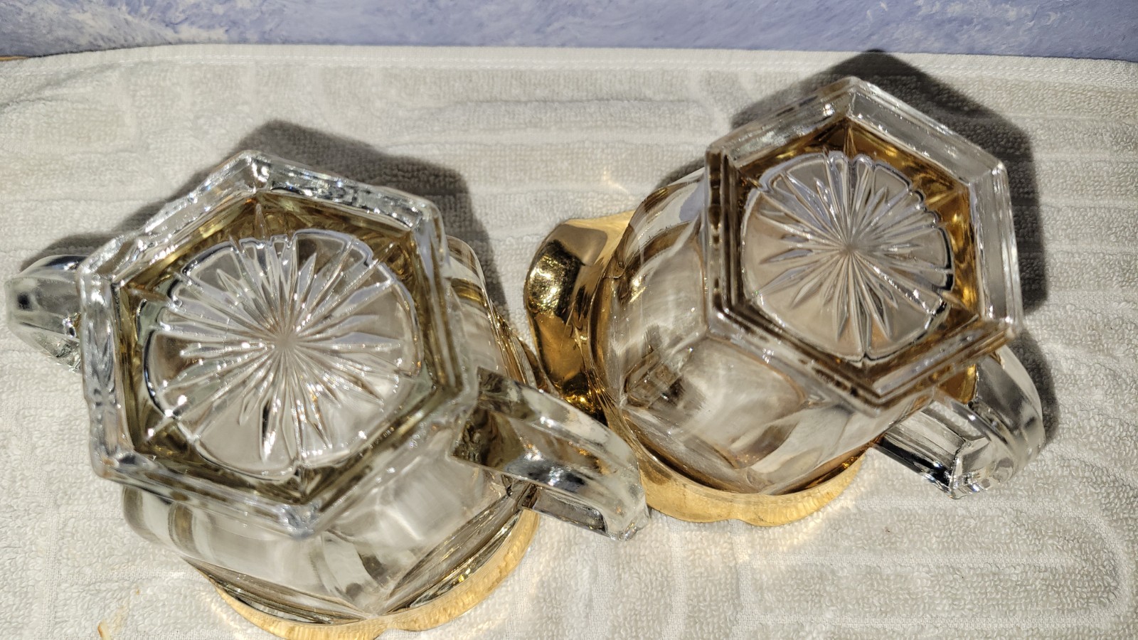 Creamer Sugar Set Jeanette Glass Co 24K Gold Decorated Ribbed Vintage