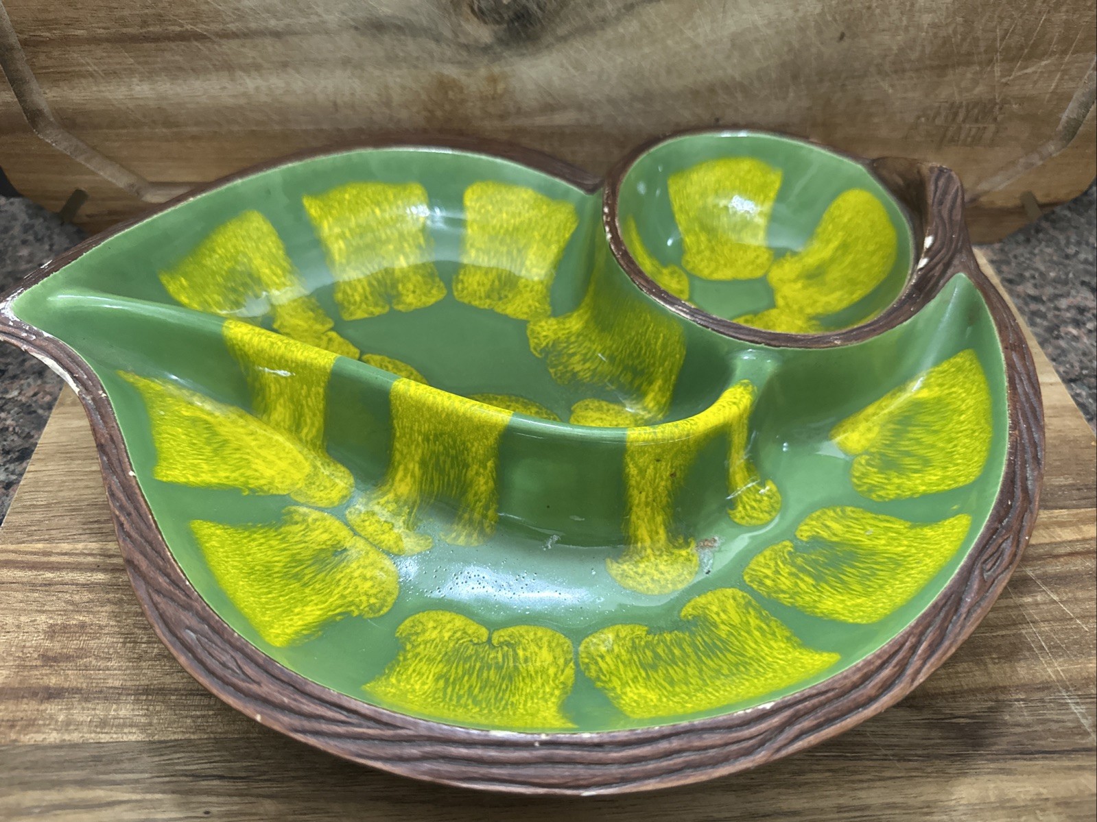 Vintage California Pottery #602 Sequoia Ware Yellow Green Drip Glaze Leaf Dish
