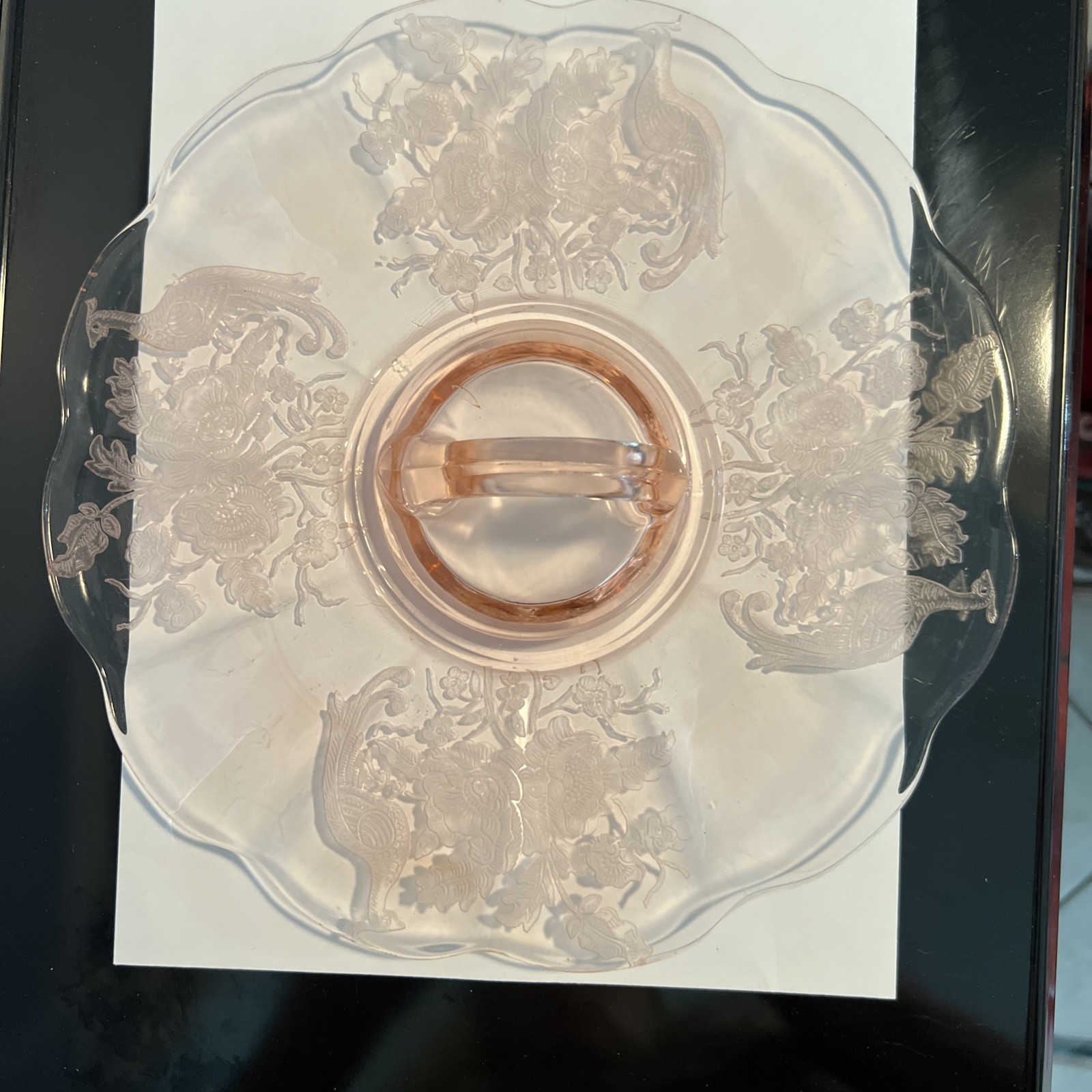Paden City Peacock & Wild Rose Pink Glass #300 Center Handle Tray 10 3/8″
