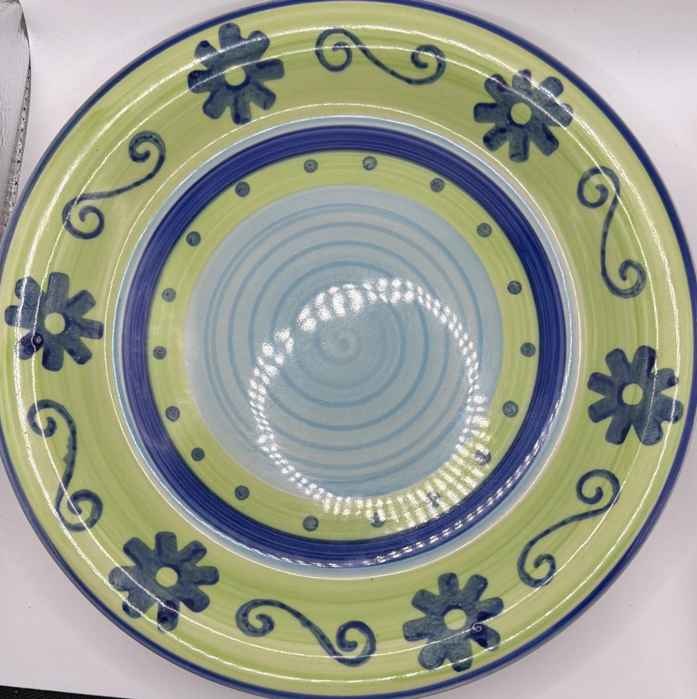Mulberry Stoneware Dinner Plate Green Blue White Swirls Dots Floral