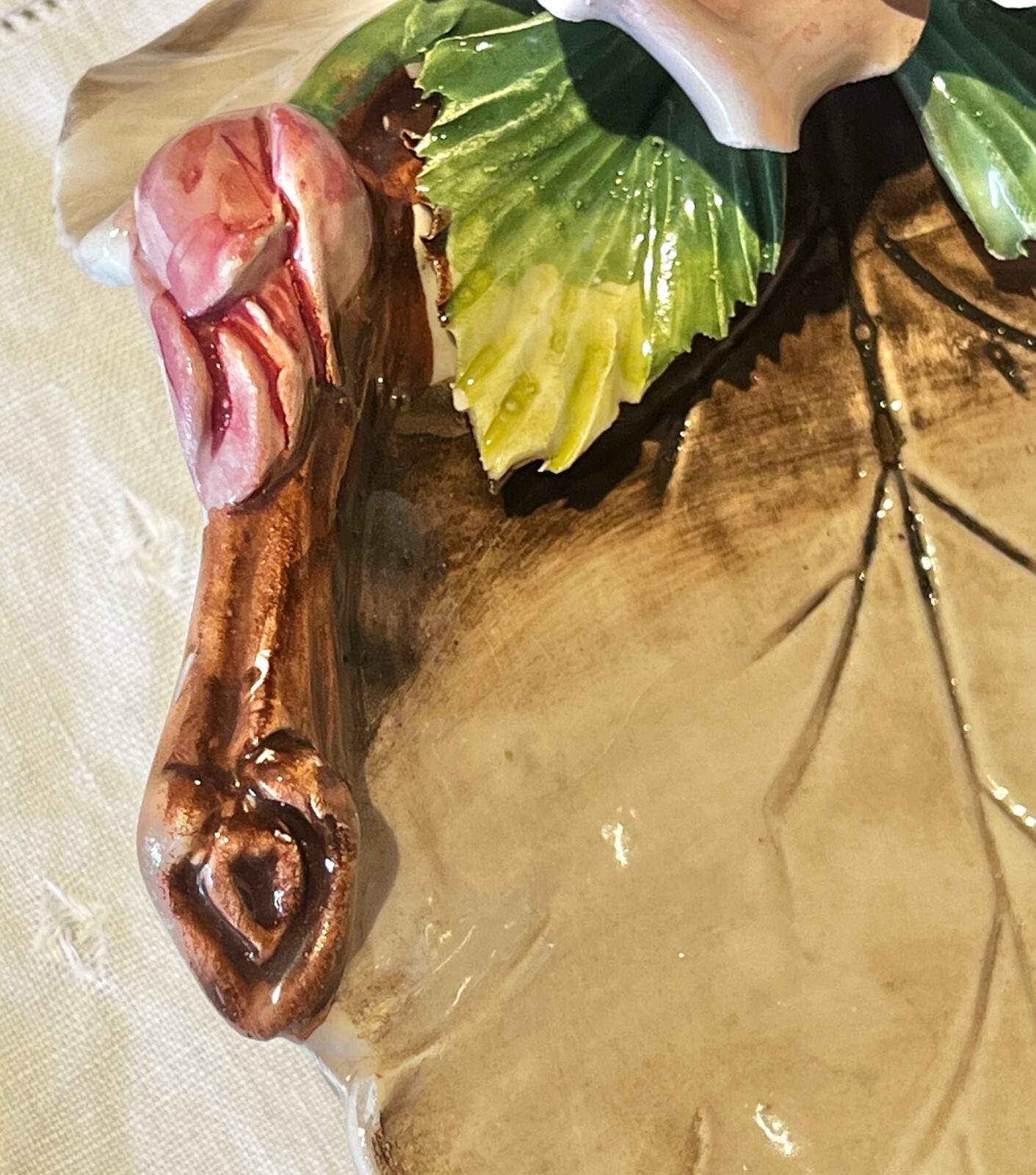 Capodimonte Floral & Leaf Porcelain Dish 10.75″ X 9″ X 3″ Hand Made Italy
