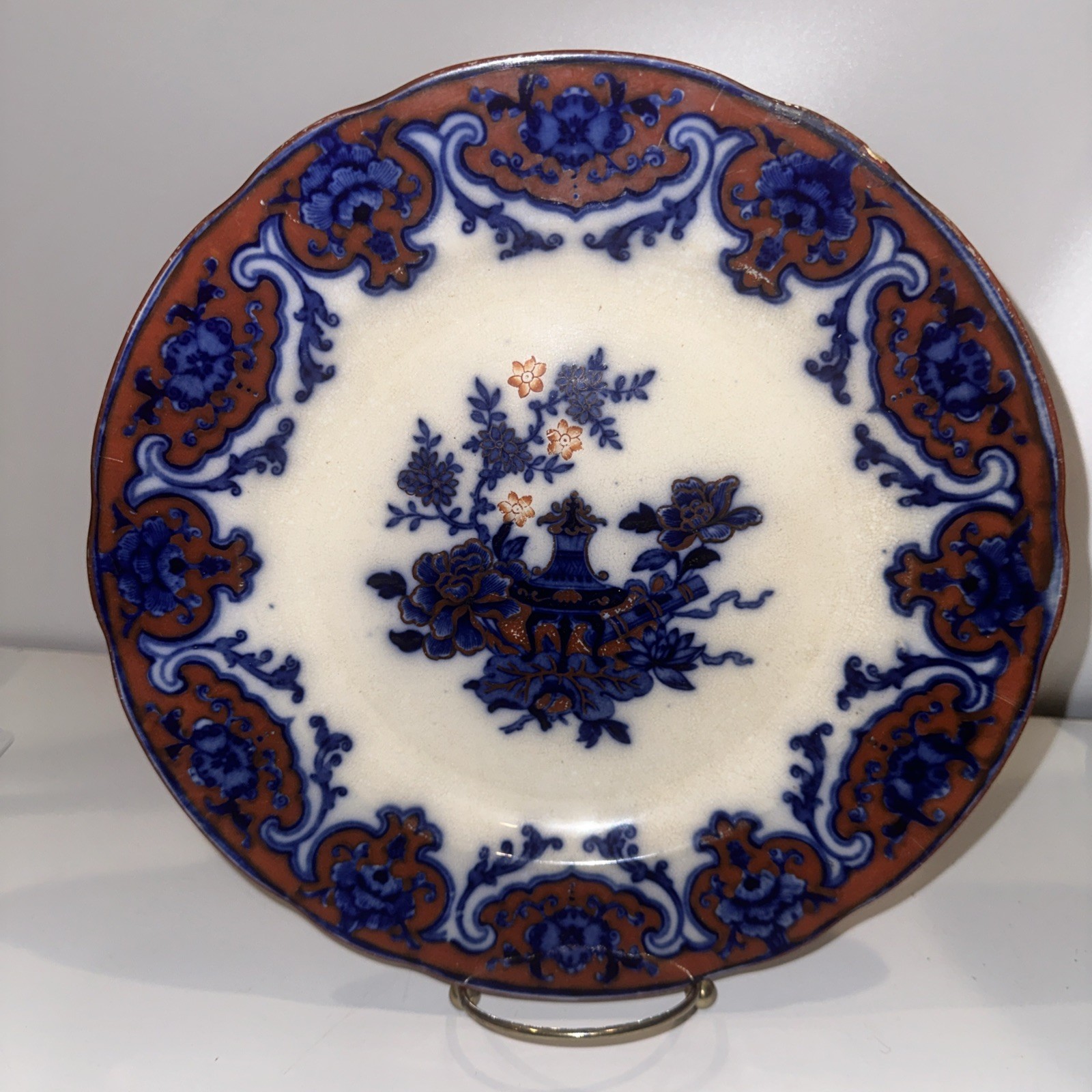 Antique c1910 Porcelain POLYCHROME FLOW BLUE 10 1/4” Plate Marked TRIPOD