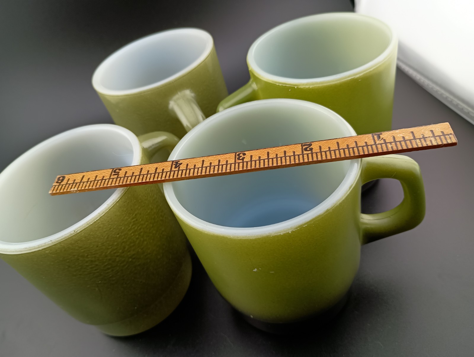 4 Olive Green Fire King Glass Coffee Tea Mugs Stackable 2 w Black 1970s Style