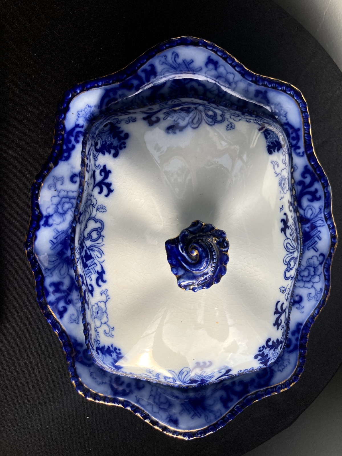 Antique Royal Doulton Flow Blue Oval Covered Vegetable Nankin Porcelain England