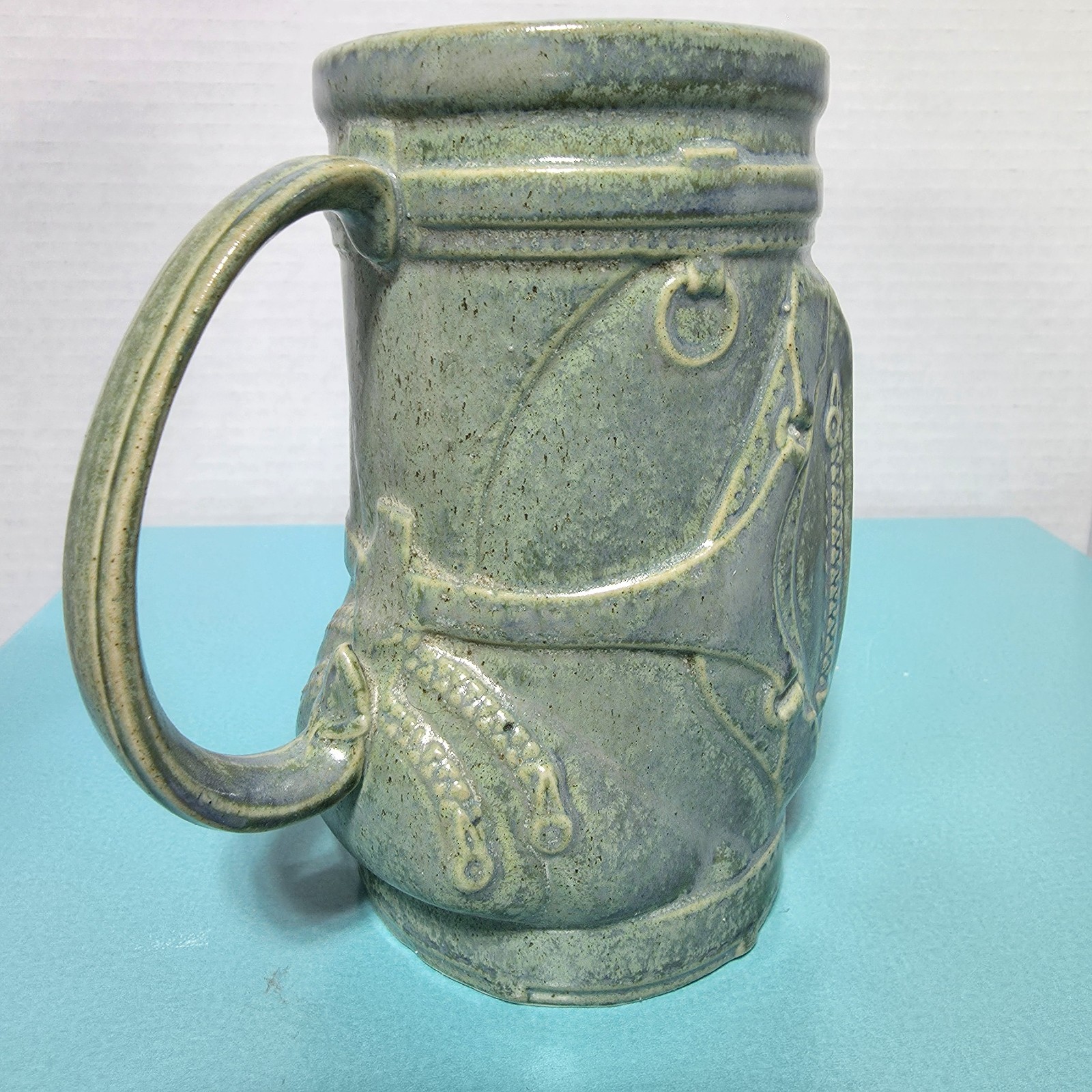 Beta Diseno Hand made pottery studio art mug Golf Bag Spain vtg green glaze