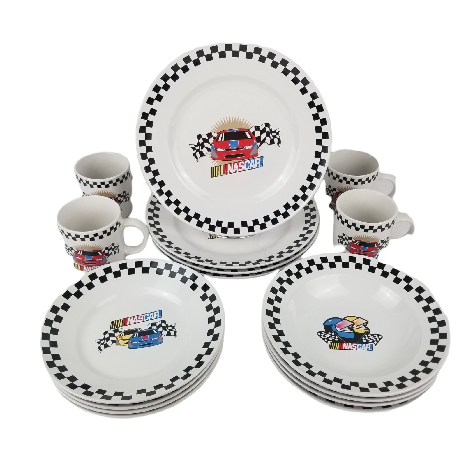 Gibson Nascar Victory Dinnerware Set Service for four 16 pieces Racing Checkered