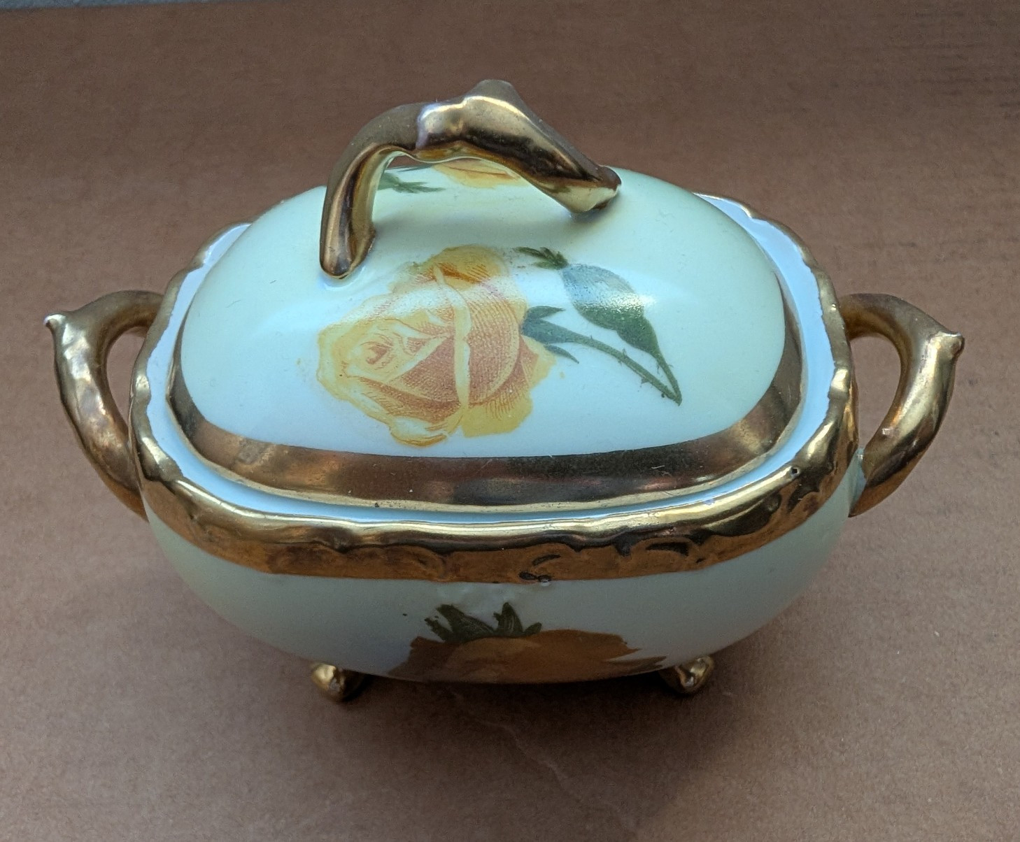 Antique O&EG Royal Austria Covered Bowl Lid Maréchal Niel Yellow Rose 1899-1918