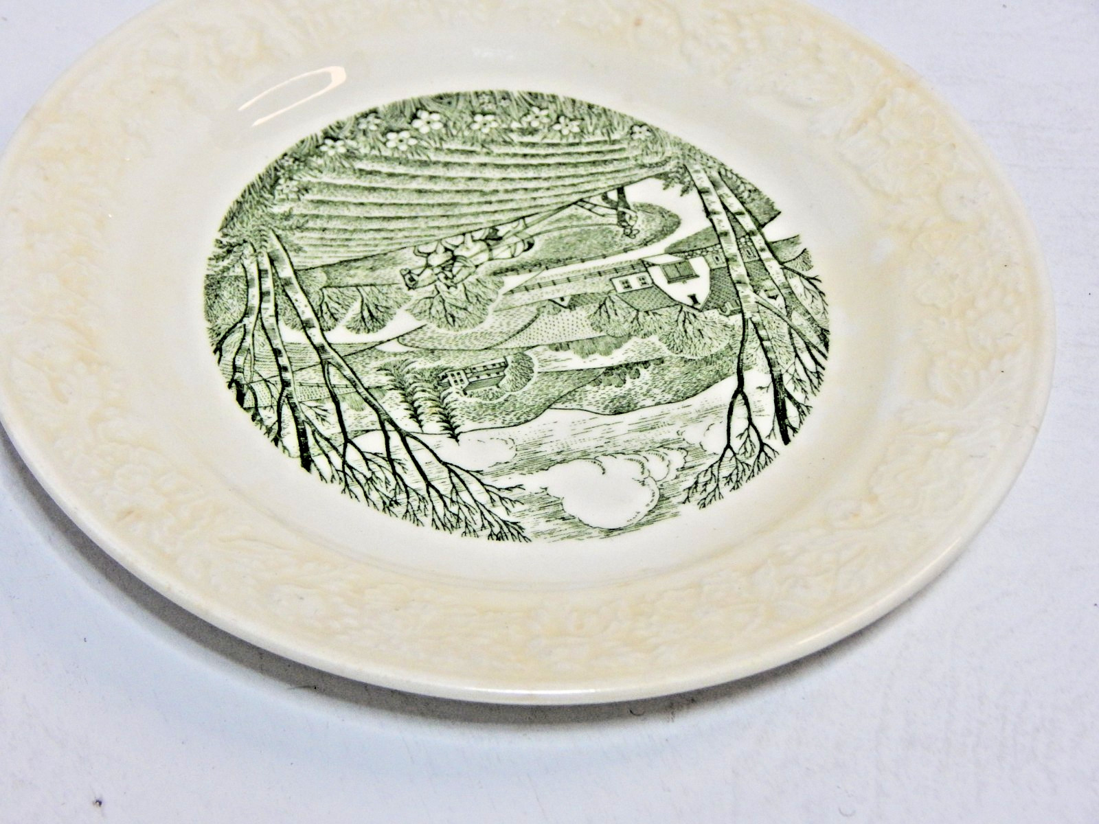 Vintage Homer Laughlin Pastoral Patterm Dessert Plate w/ embossed floral & farm