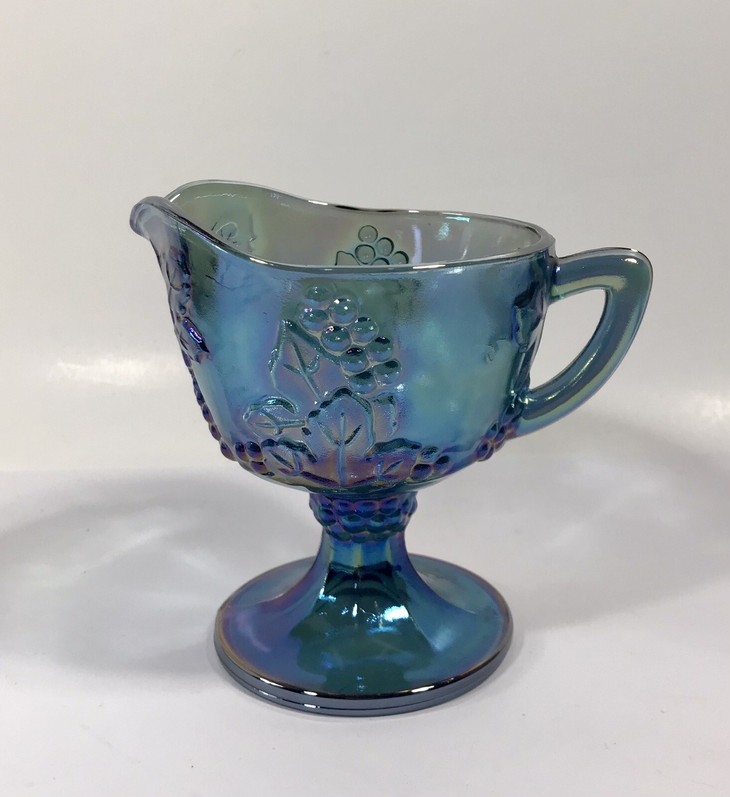 Indiana Carnival Glass Footed Creamer Harvest Grape Blue Pedestal Vintage H16