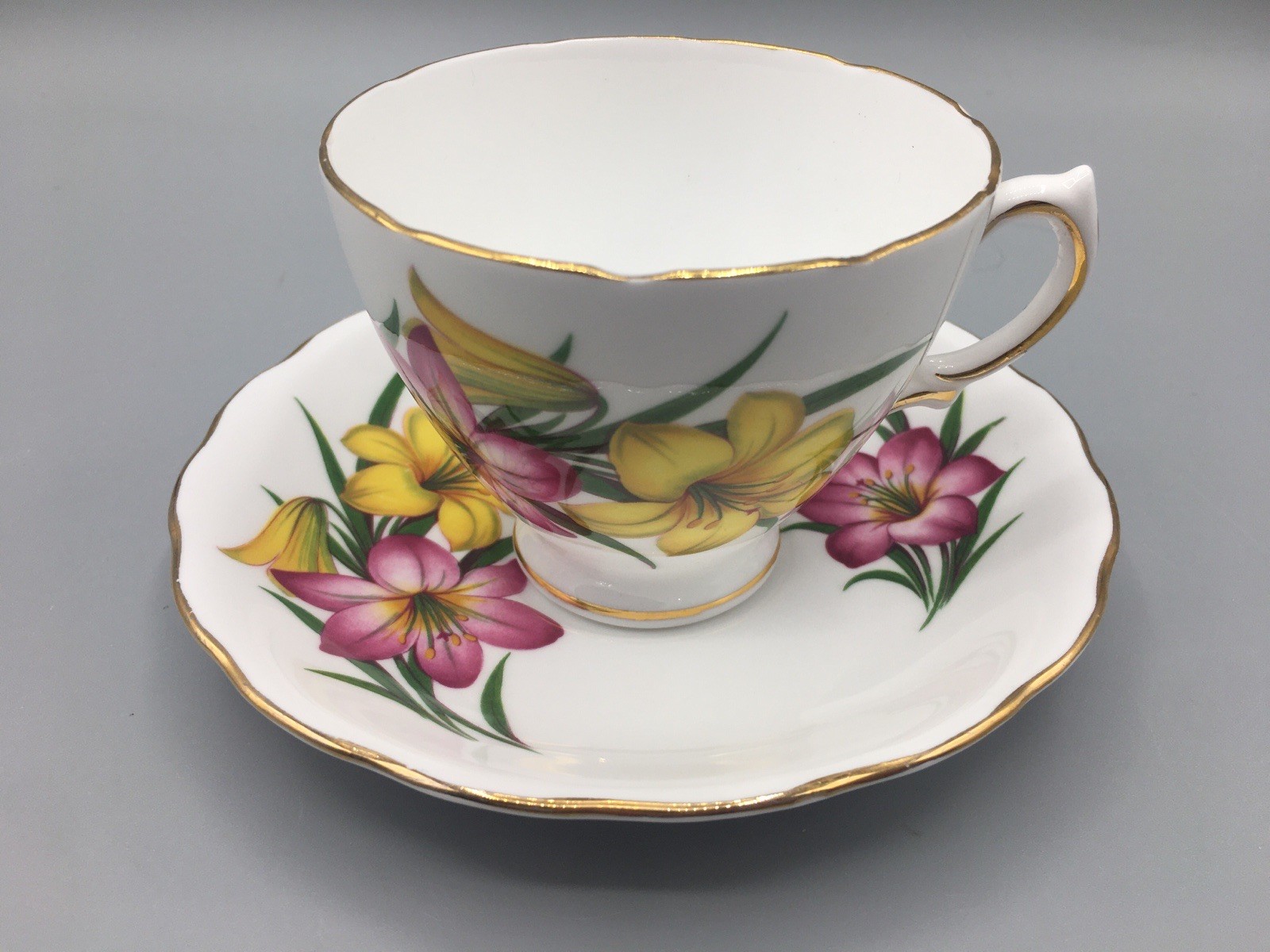 Royal Vale Bone China Lilly’s Yellow & Red Floral Teacup & Saucer Vintage