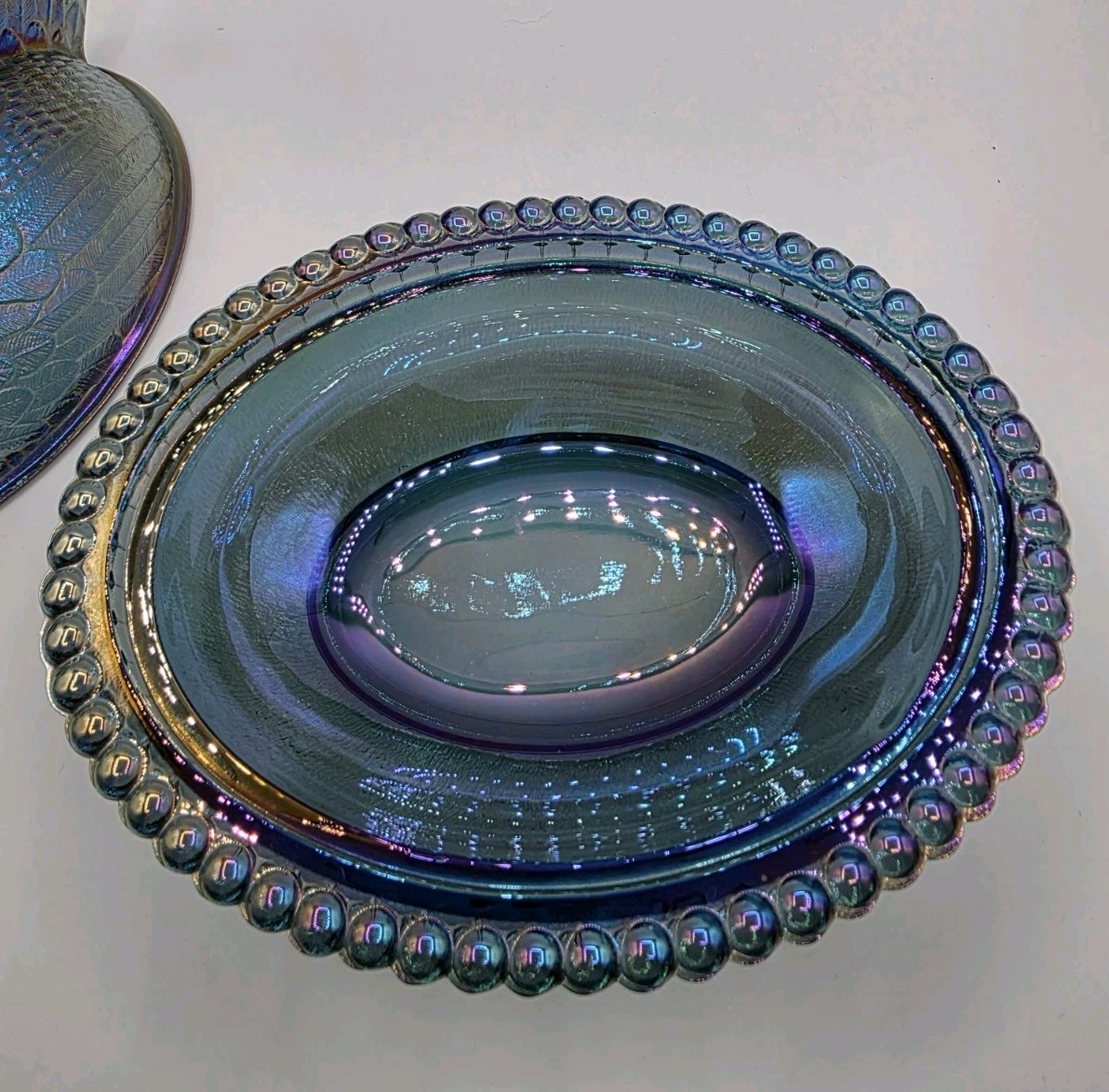 Vintage Indiana Blue Iridescent Carnival Glass Hen On Nest Covered Candy Dish 7″