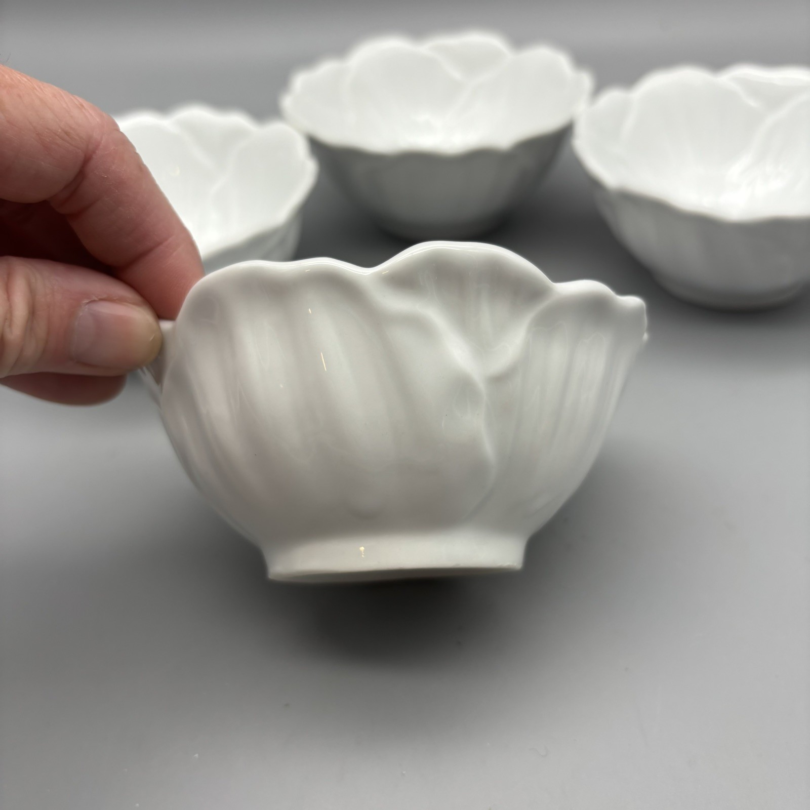 Pier 1 Imports Poppy Flower 4.5” Small White Porcelain Tulip Bowl Set of 4 Bowls