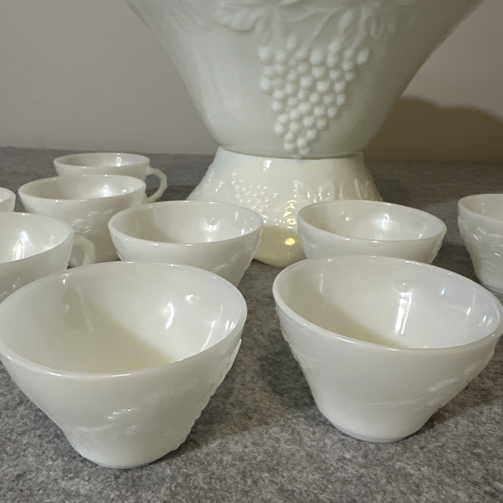 VTG Anchor Hocking Milk Glass Harvest Grape Punch Bowl Set Base 10 Cup Scalloped
