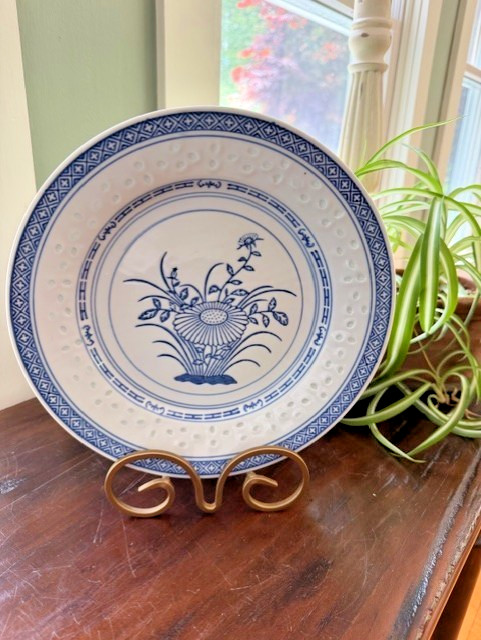 Set/3 Vntg TIENSHAN Rice Flower Dinner Plates Blue & White, Porcelain 10″ Unused