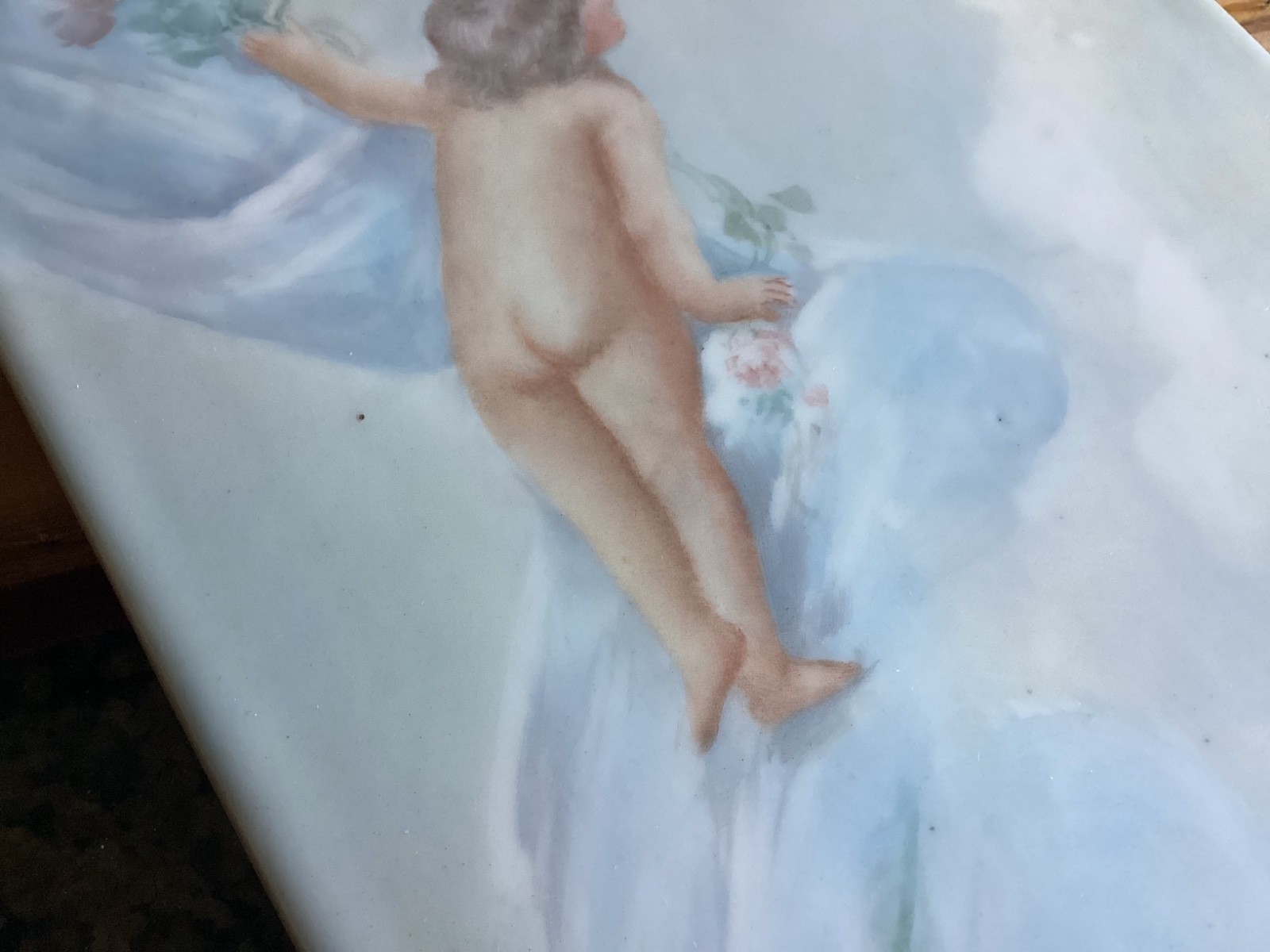 Antique 14×6” T&V Limoges HandPainted Porcelain Tile Plaque Artist Signed Cherub