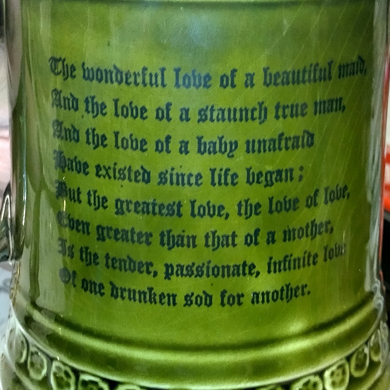 Princess House Fine Earthenware Beer Stein Mug England Dark Green Vtg Love Poem