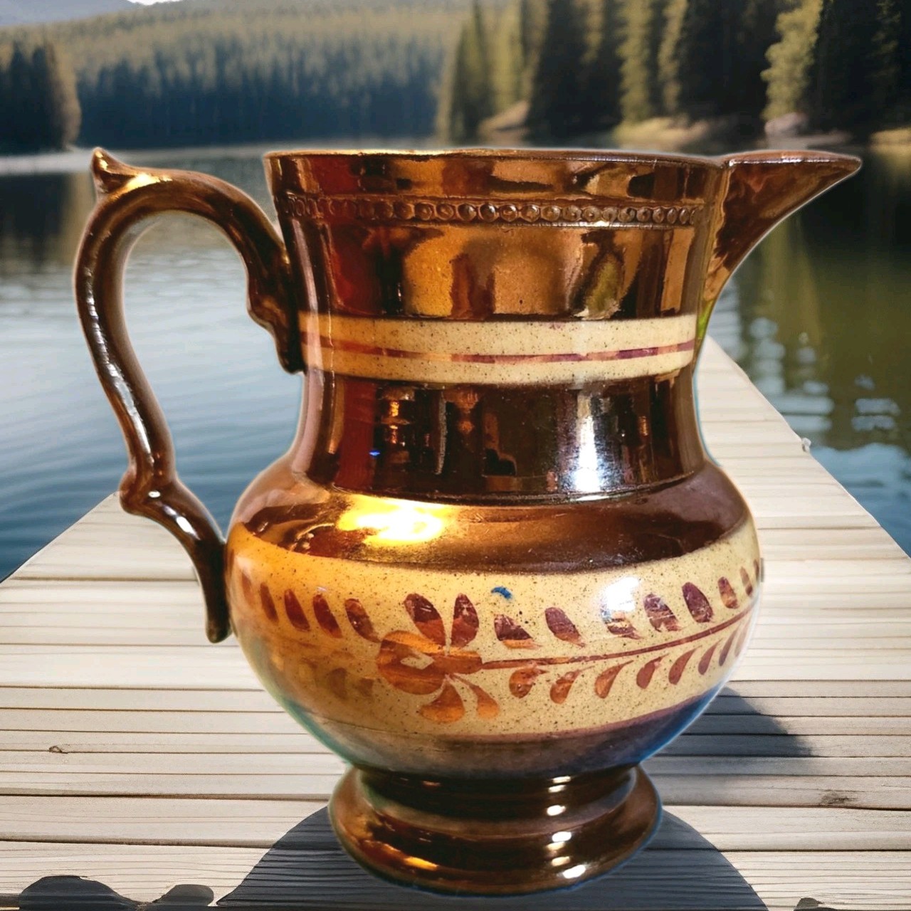 2 English Copper Lusterware Pitchers Staffordshire Pottery 1850-1899 England