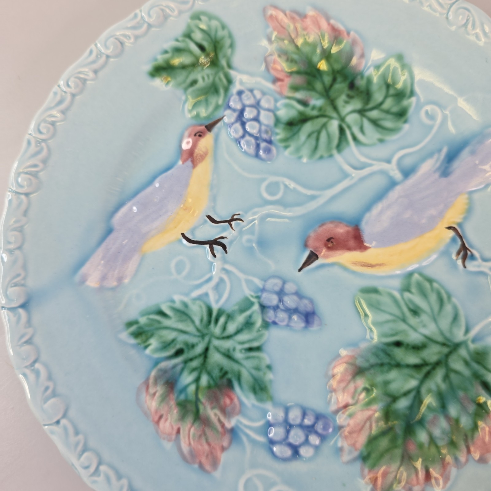 German Majolica Plate 7.75in Blue Raised Birds Grapevine 230 Vintage W Germany