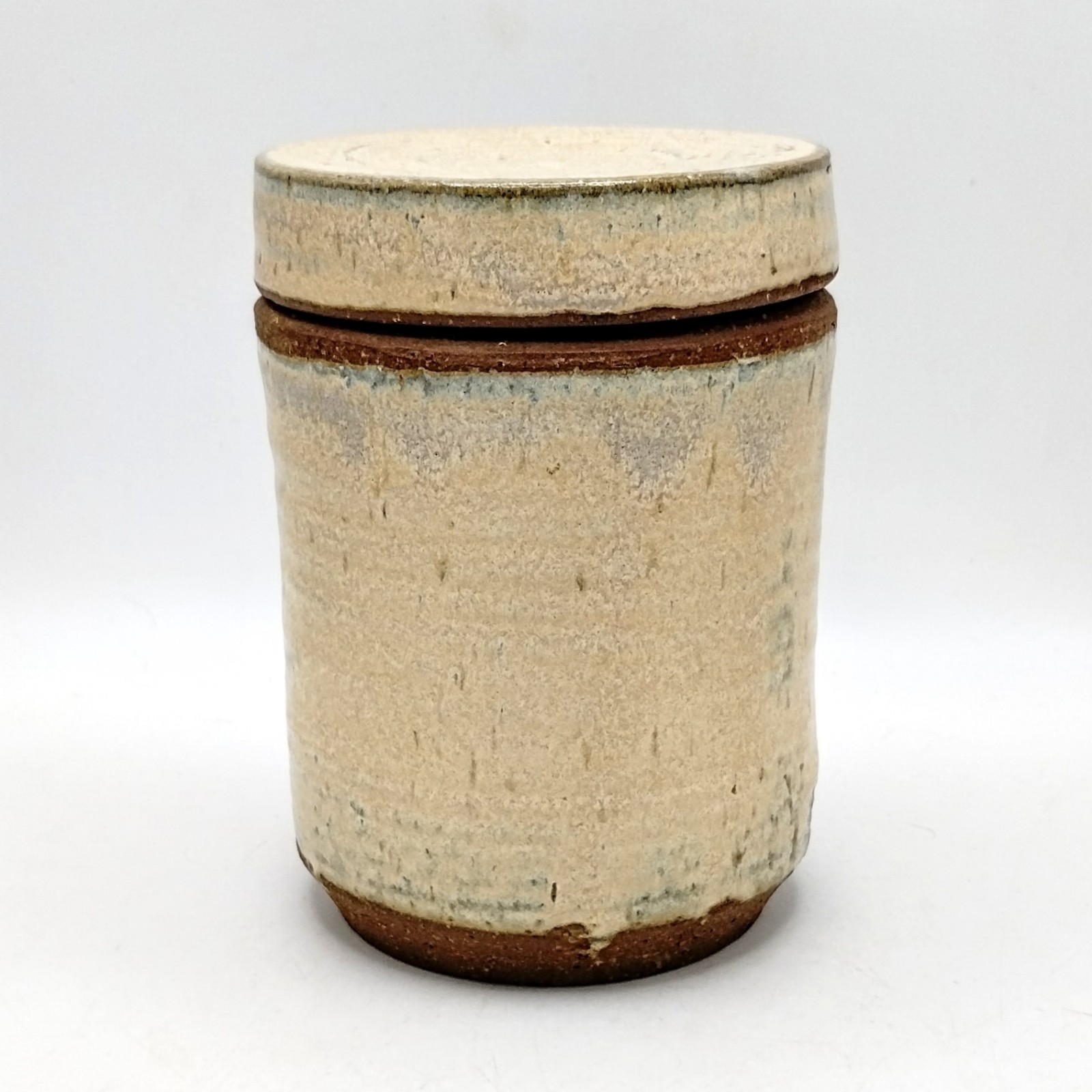 Vintage Studio Pottery Lidded Stoneware Jar Crock Canister Cream 5″ Signed