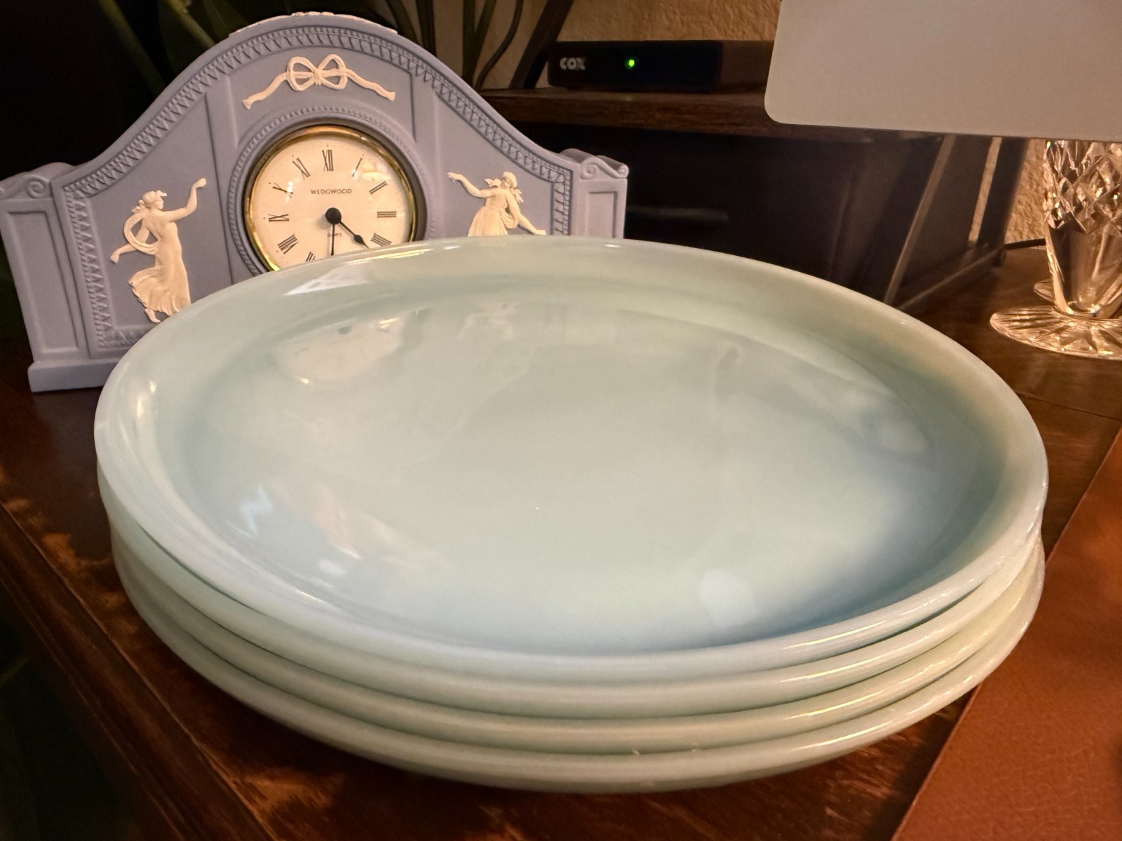 Vintage Fire King Turquoise Blue Heat Proof Anchor Glass (4) 9″ Luncheon Plates