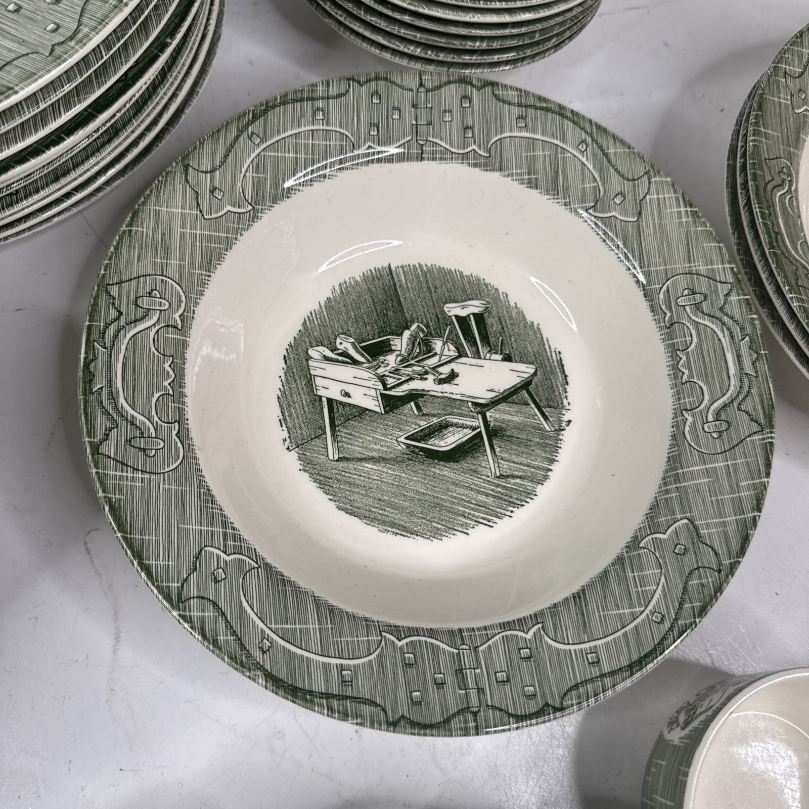 65 Pc Old Curiosity Shop Transferware Plates Bowls Cups Creamer Sugar Tea Kettle