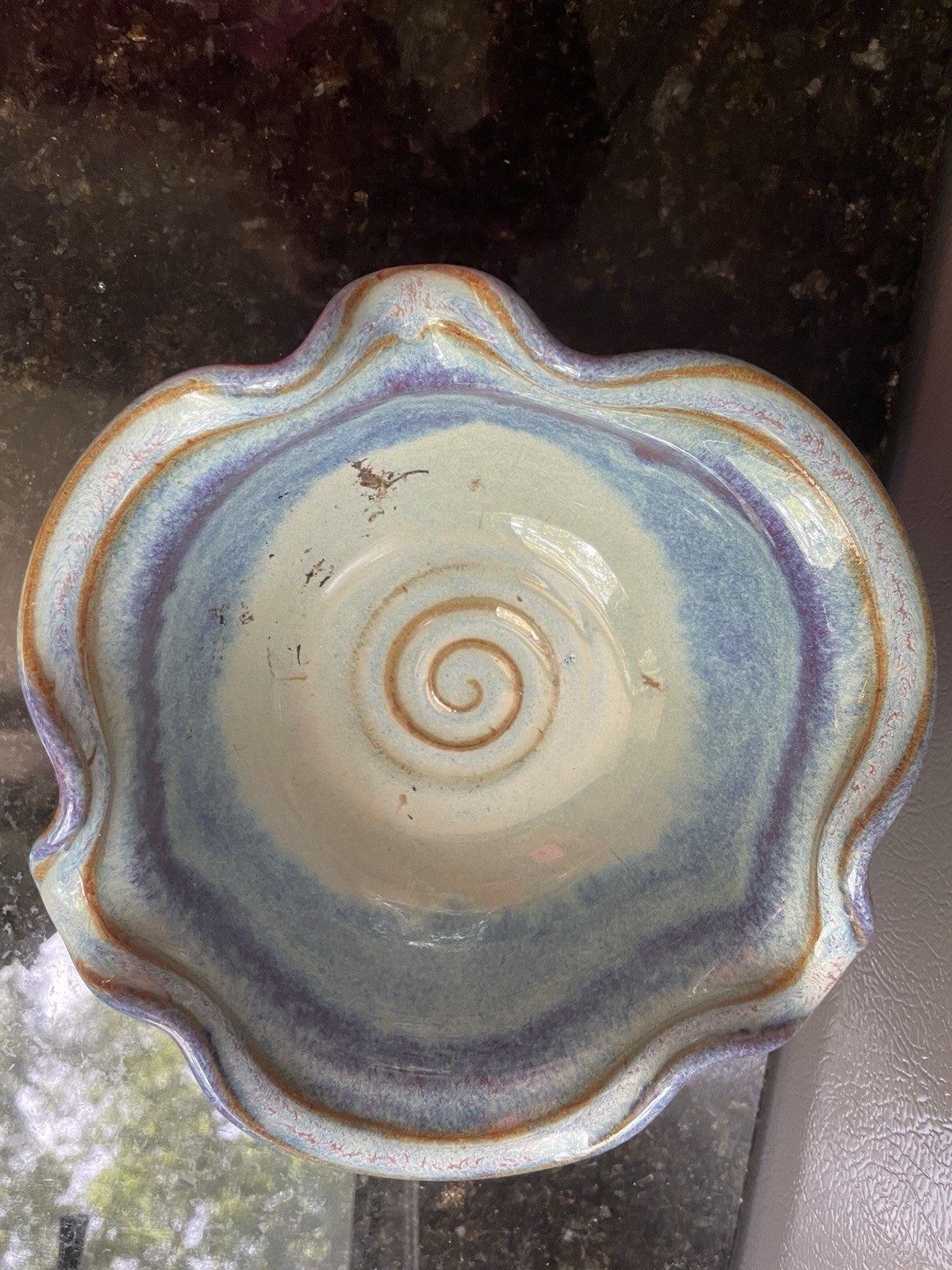 Vtg. Studio Pottery Drip Glaze Ruffled Edge Blue Aqua Bowl. Signed