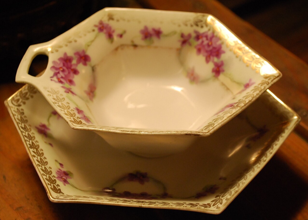 Set 2 HAND PAINTED VIOLETS Antique Prussia Hexagonal Porcelain CANDY Dishes