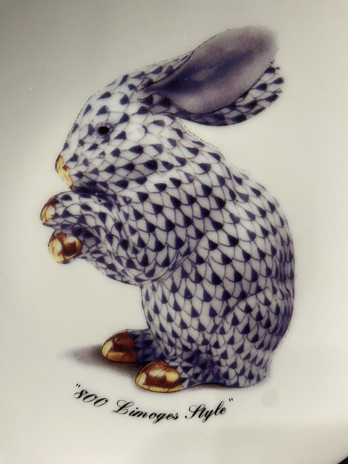 Vintage GODINGER 800 LIMOGES Style Blue Fishnet Rabbit Plate Gold Accents