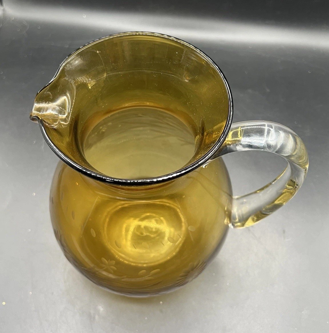 Pitcher Hand Blown Etched Glass Amber Applied Handle MCM 9.5” Vintage