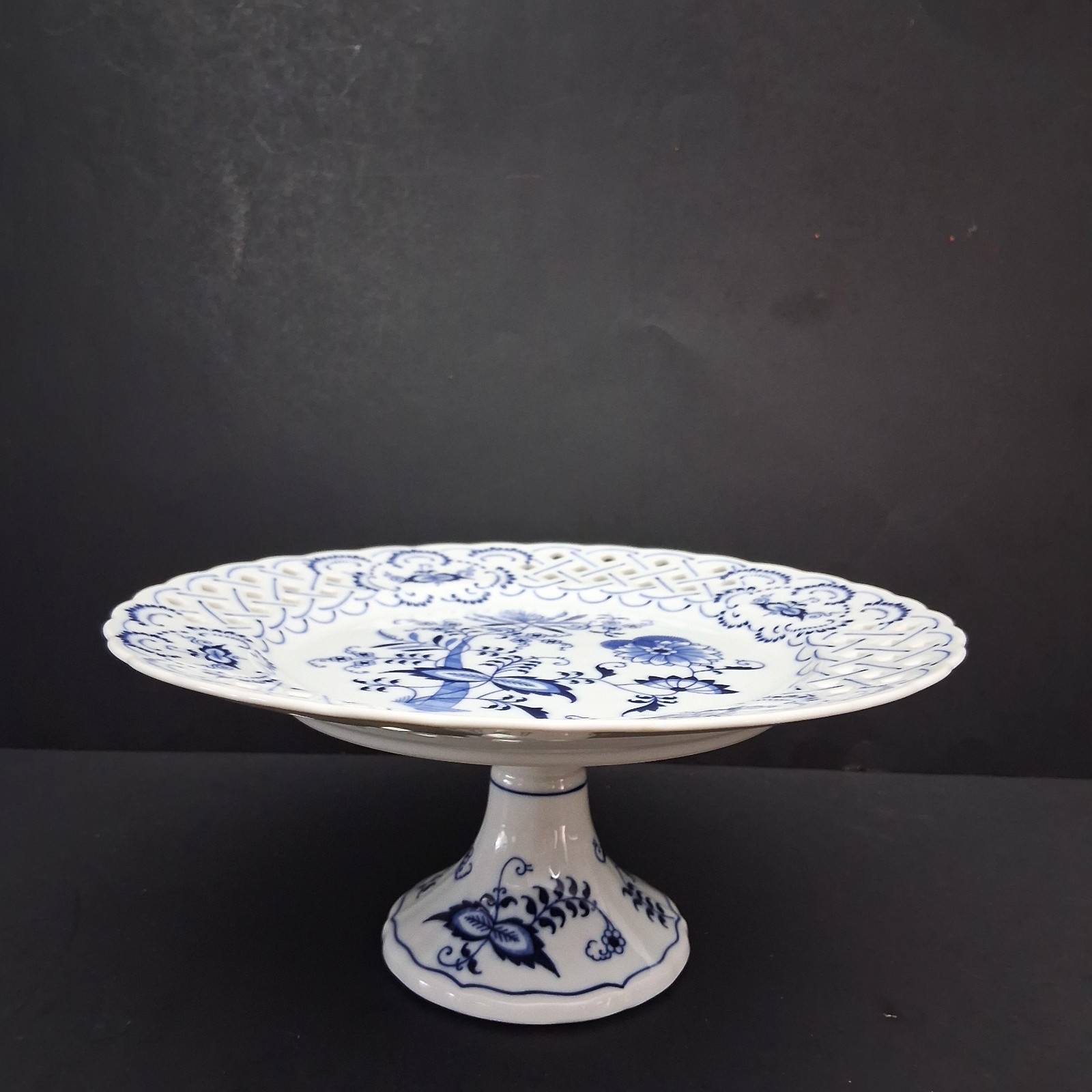 2PC Vintage Blue Danube Round Compote Meissen Pierced Pedestal Porcelain