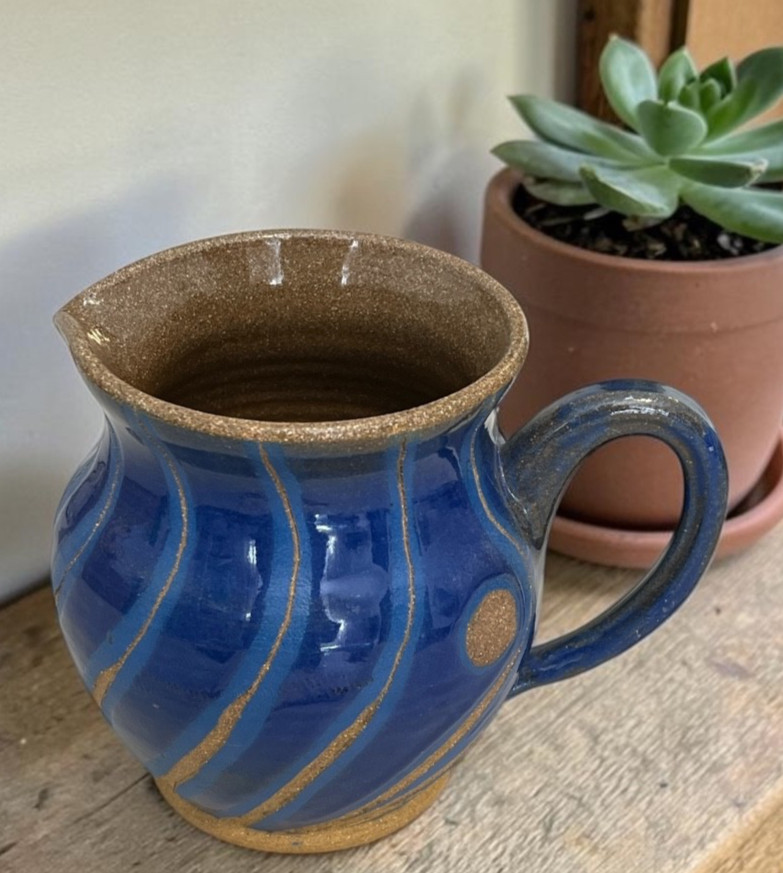 Vintage Hand Thrown Pottery Pitcher Vase Blue Tan Glazed Studio Art Signed OOAK