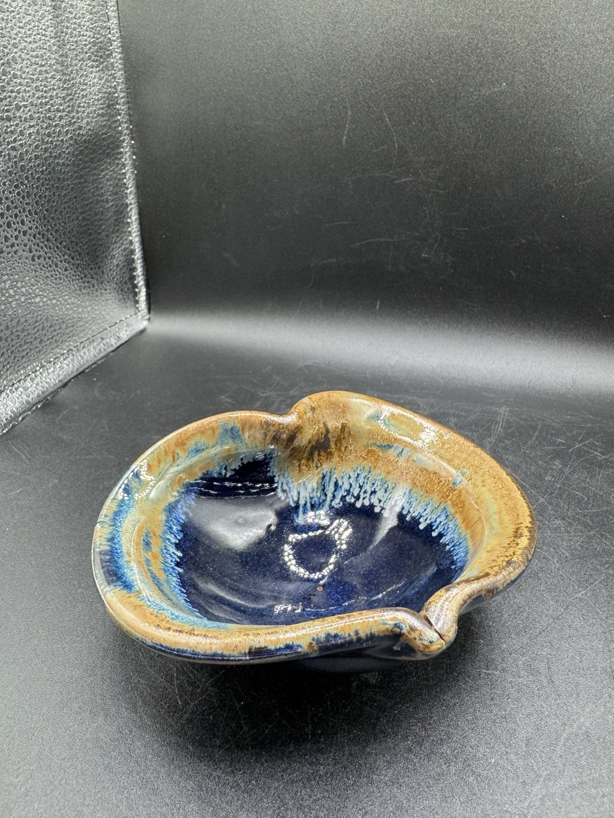Pigeon River Pottery Heart Shaped Bowl Blue Beige Drip Glaze Signed Ceramic 5.5”