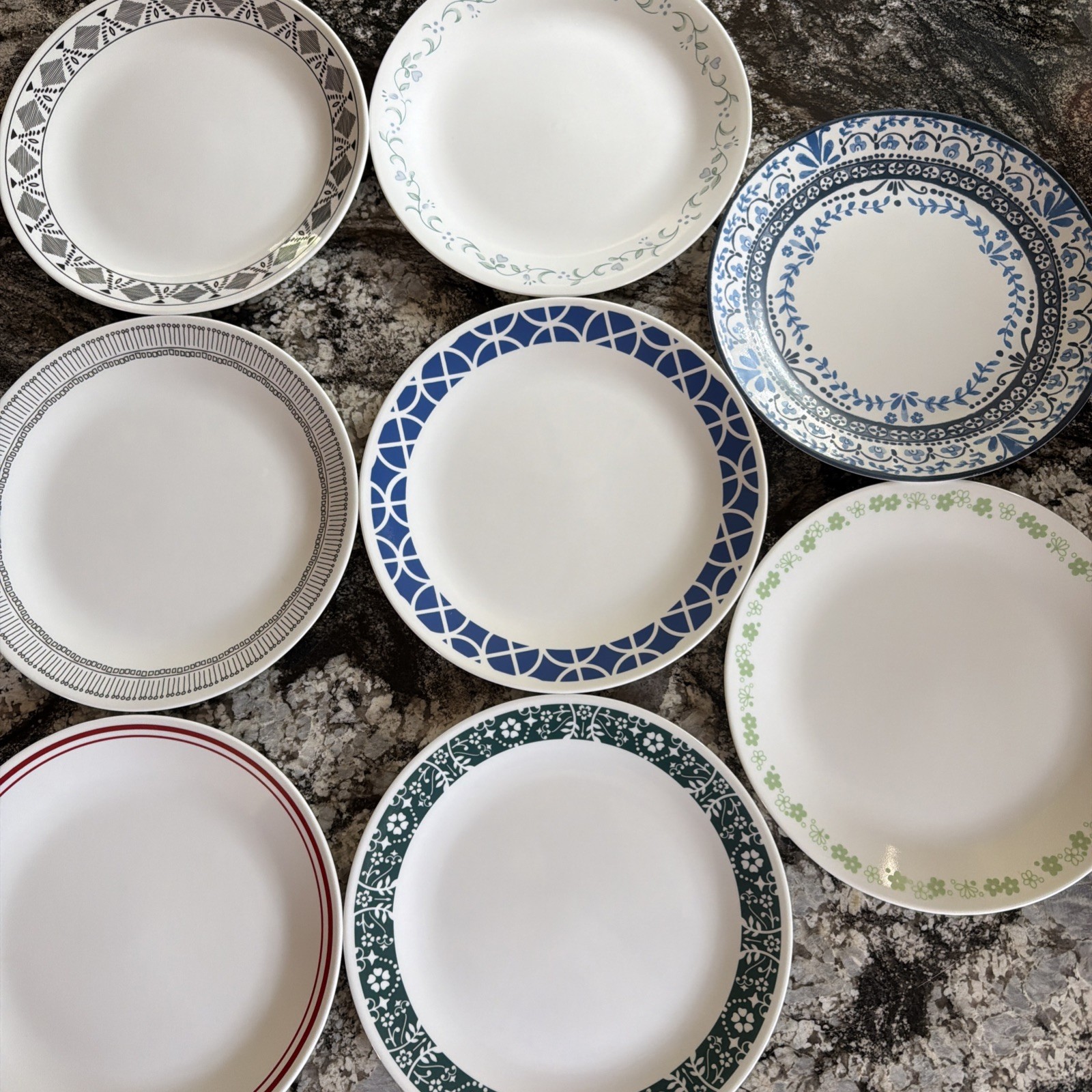 Lot of 8 Mixed Corelle Dinner Plates ~ 8 Different Patterns 10 1/4″