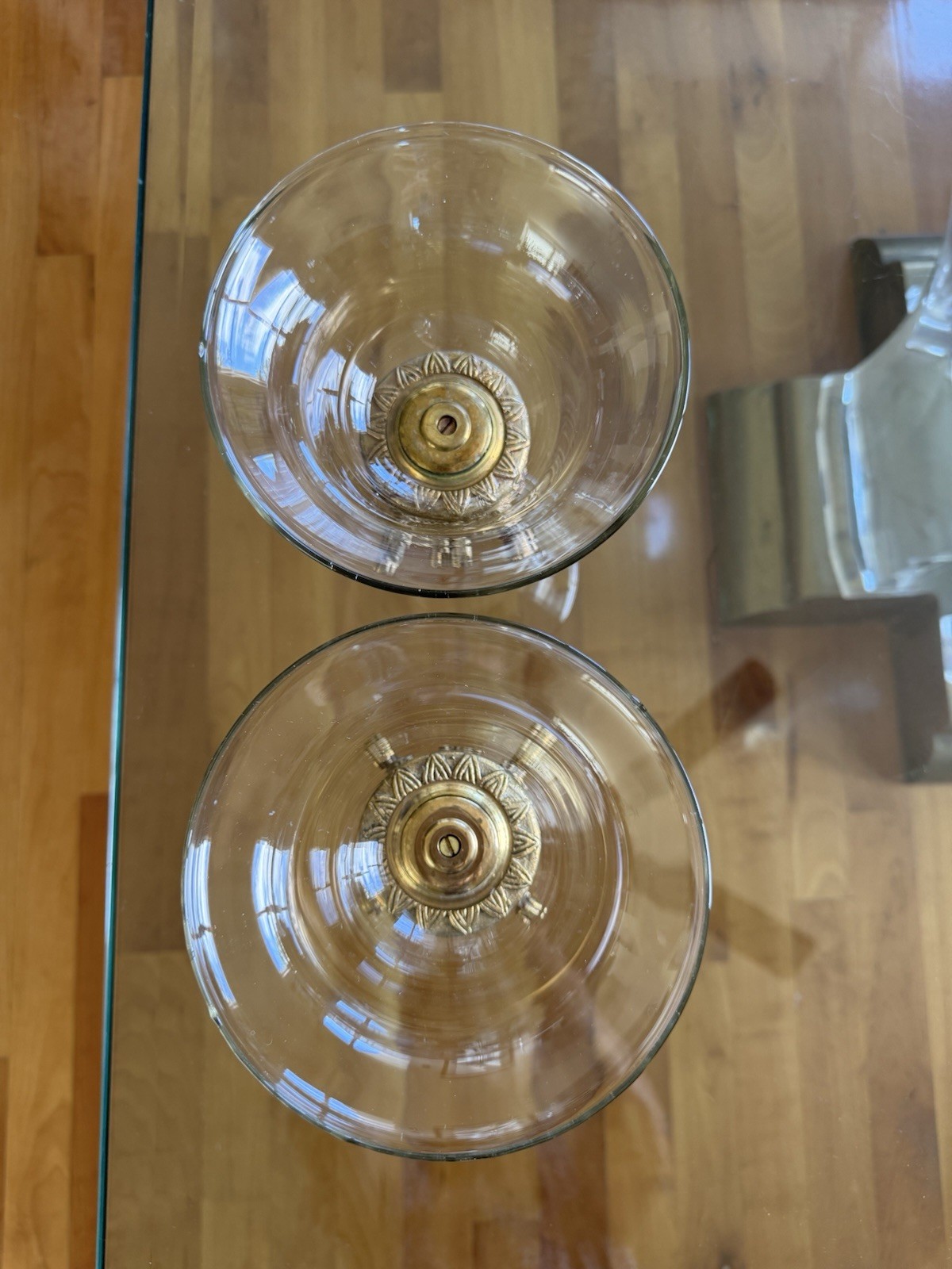 Set of 2 Brass Pedestal w/Round Clear Glass Compote Bowls 6.25”H