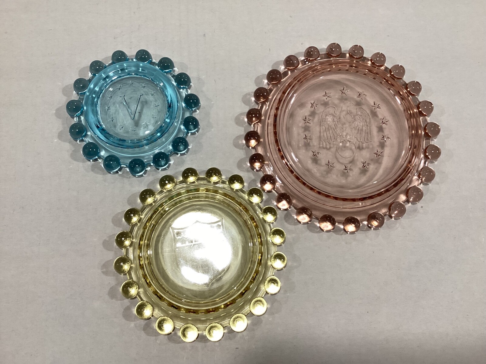 Imperial Candlewick WWII Victory Ash Tray set of 3
