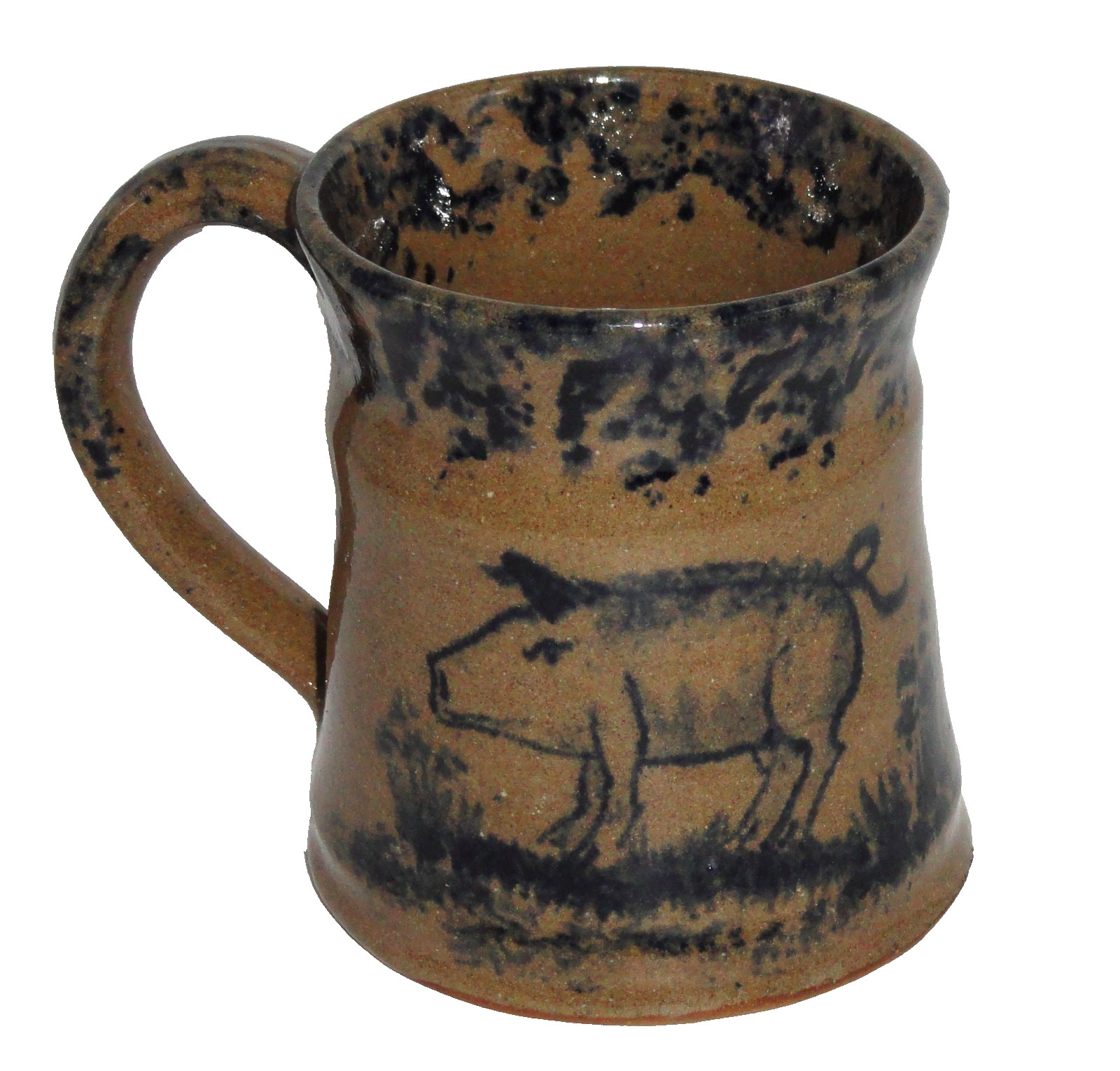 Becky Mummert Folk Art Mug ~ 3.5” tall Pottery ~ Salt Glazed w/Blue Pig ~ 1997