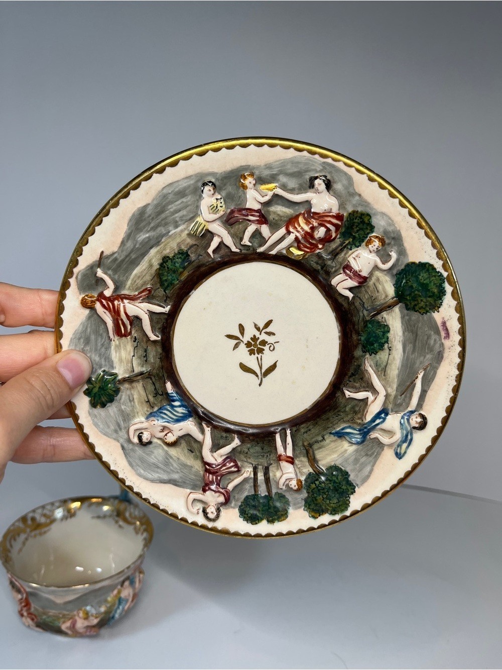 Vintage Capodimonte Italy Demitasse Teacup & Saucer MAS Cherub Dragon Handle MCM