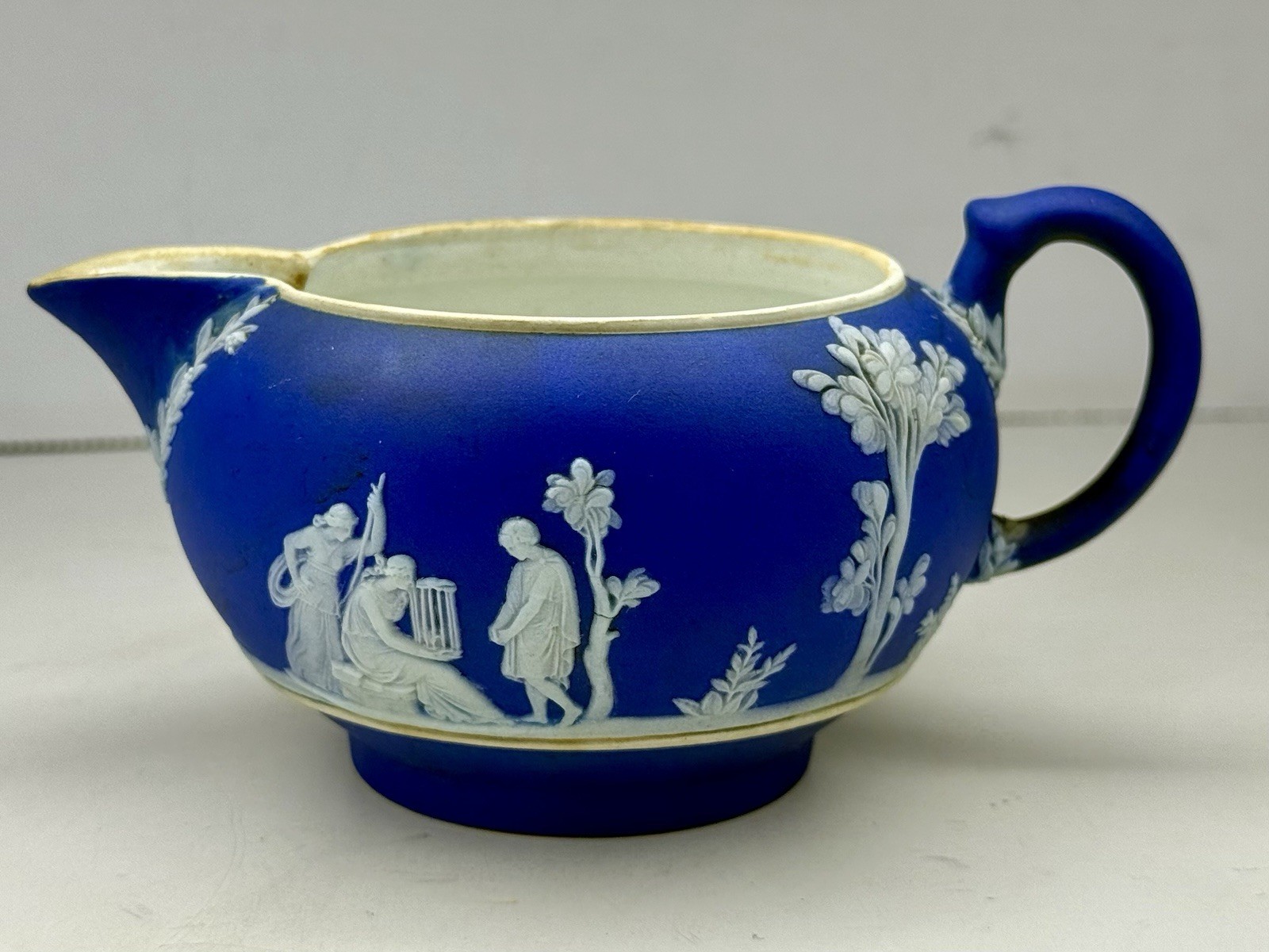 Antique 1880 Wedgwood Cobalt Blue Jasperware Neoclassical Nymphs Scene Tea Set