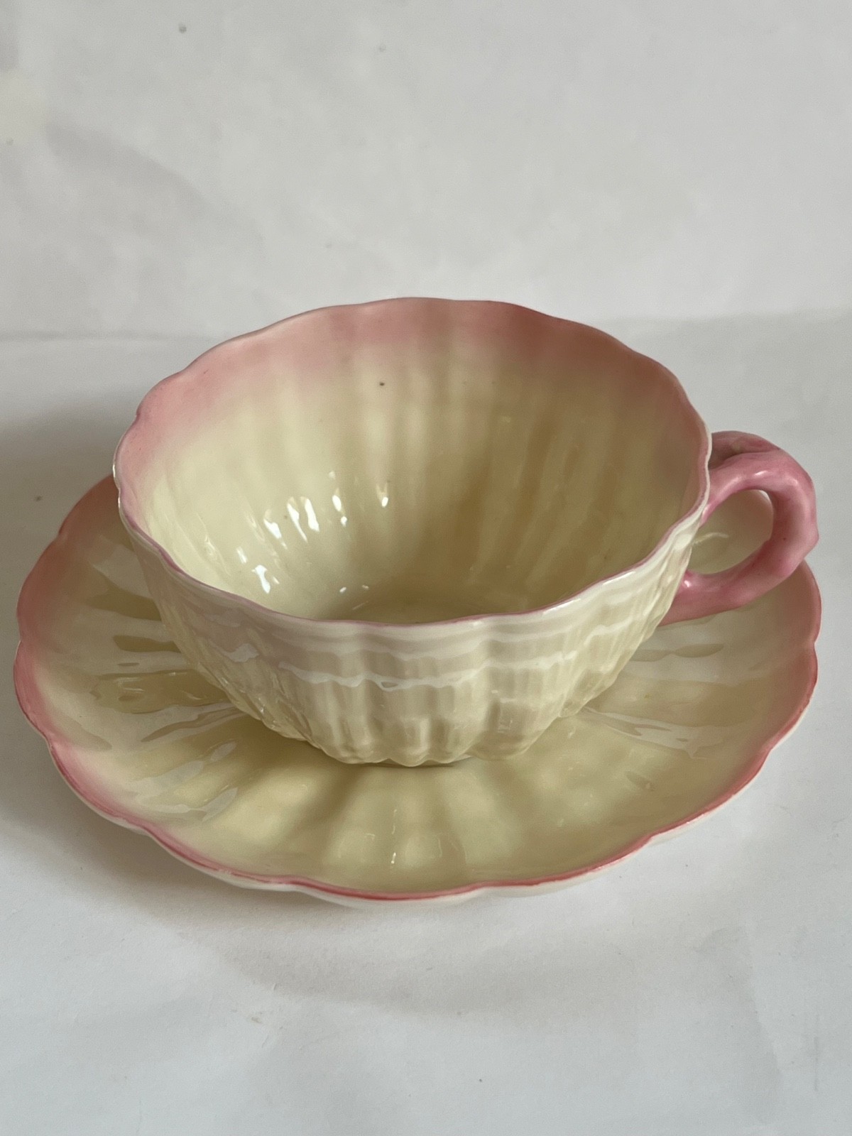 TRIO of IRISH BELLEEK Pink TRIDACNA Cup & Saucer & 7 1/2″ Plate – 1st Black Mark