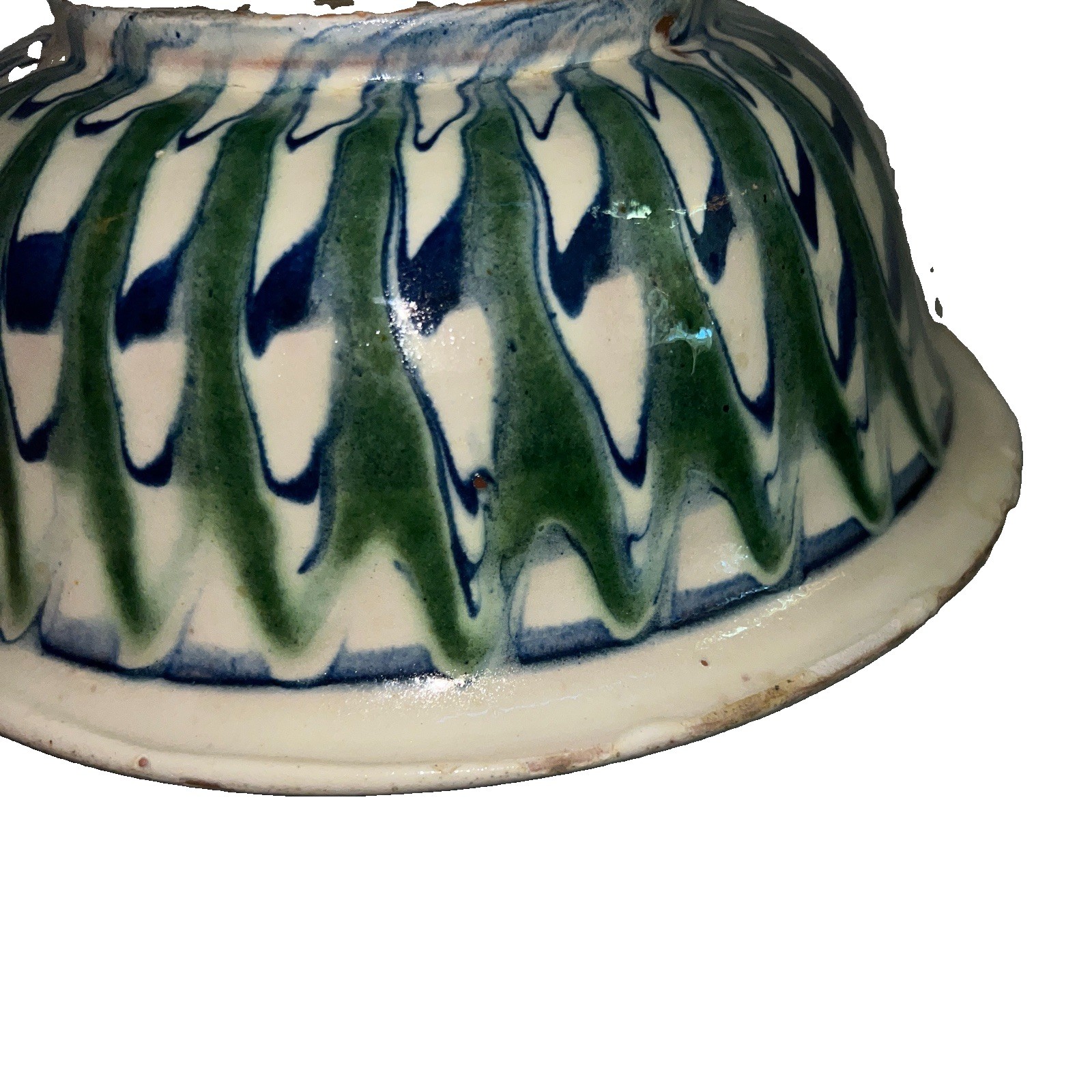 MCM Folk Art Serving Bowl peacock slip trail glaze green and blue swirl mofit