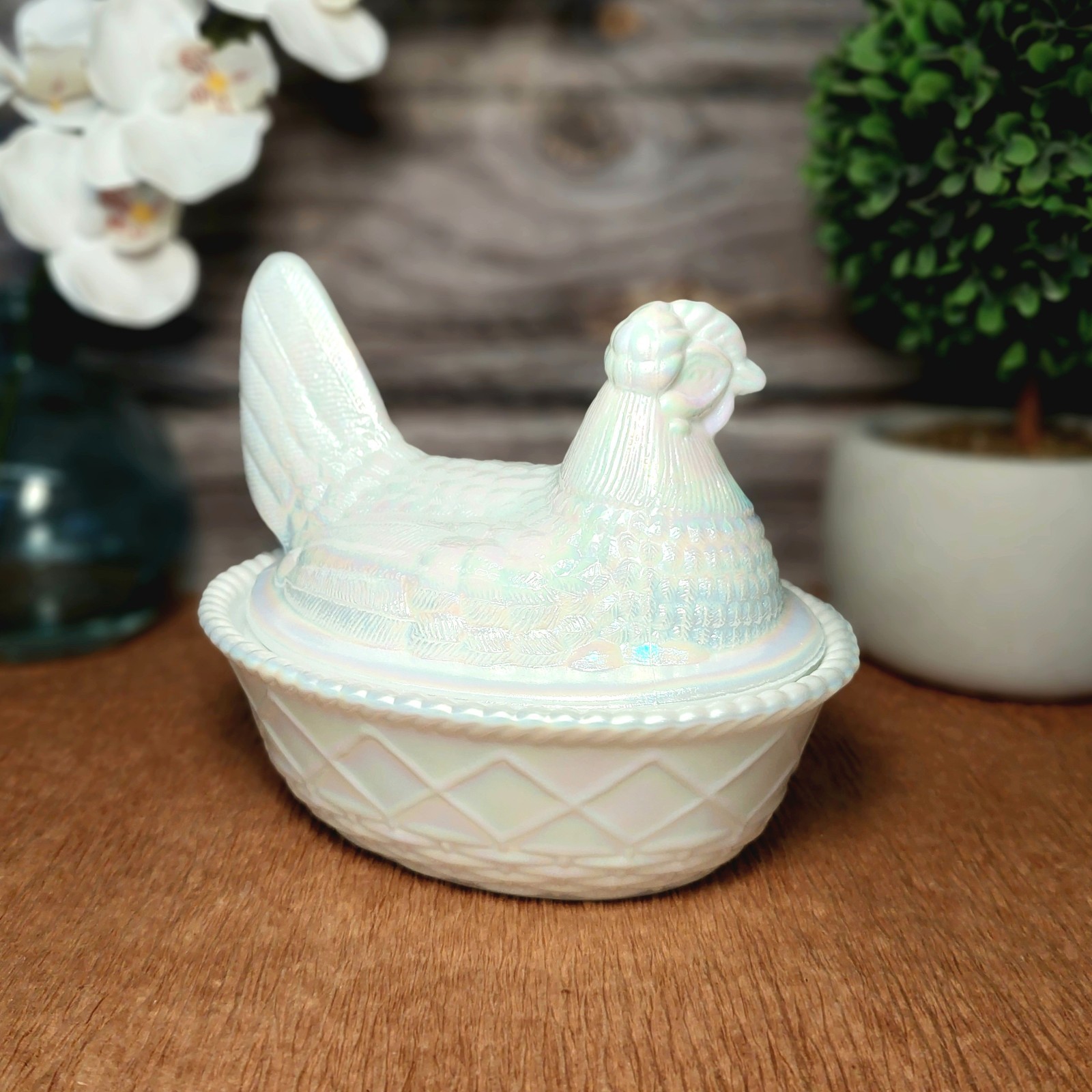 Pearl Carnival Glass Hen on Nest Chicken Candy Dish, Depression Style, VTG Decor