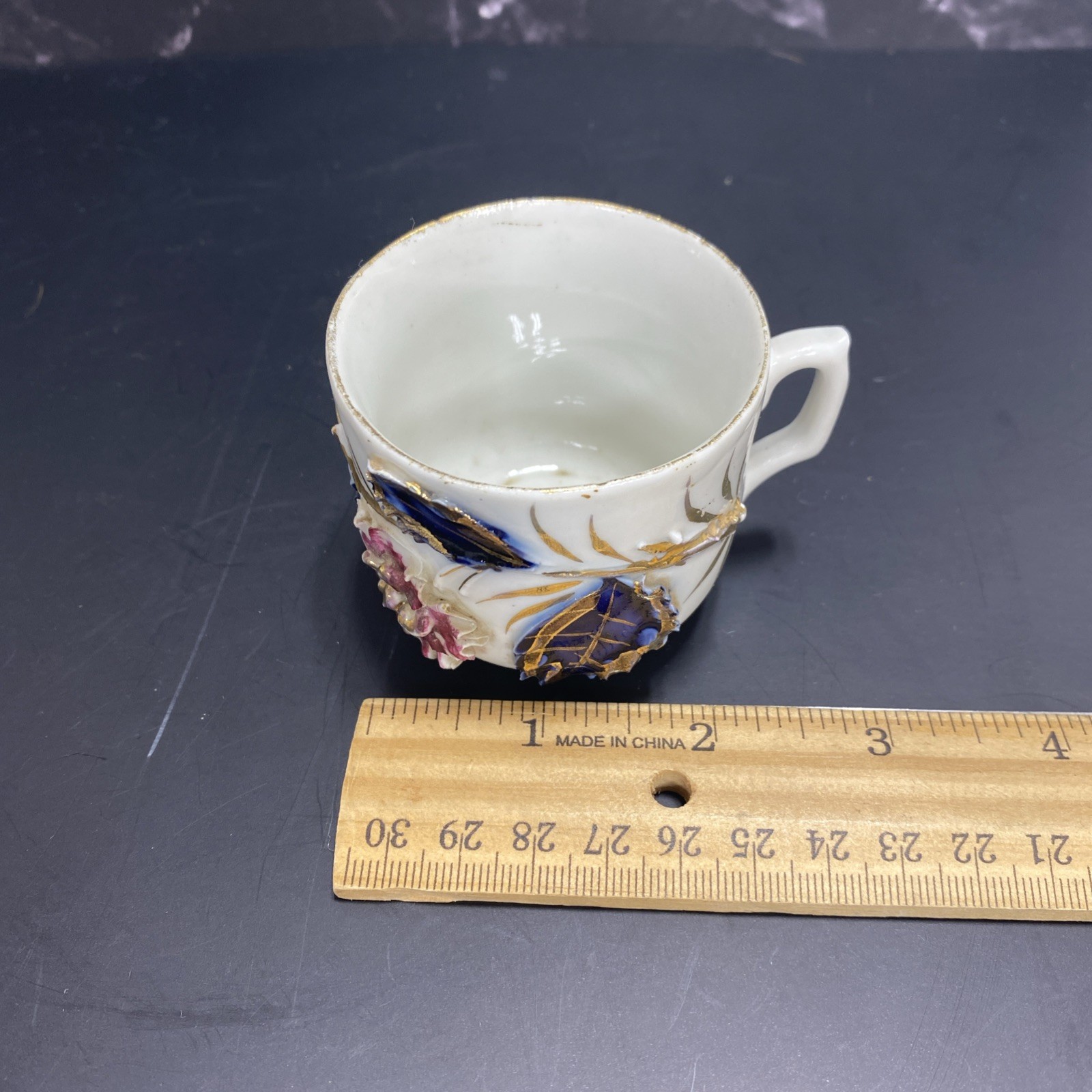 Antique Germany cobalt blue white gold rust Demitasse Cup applied Flowers Leaves