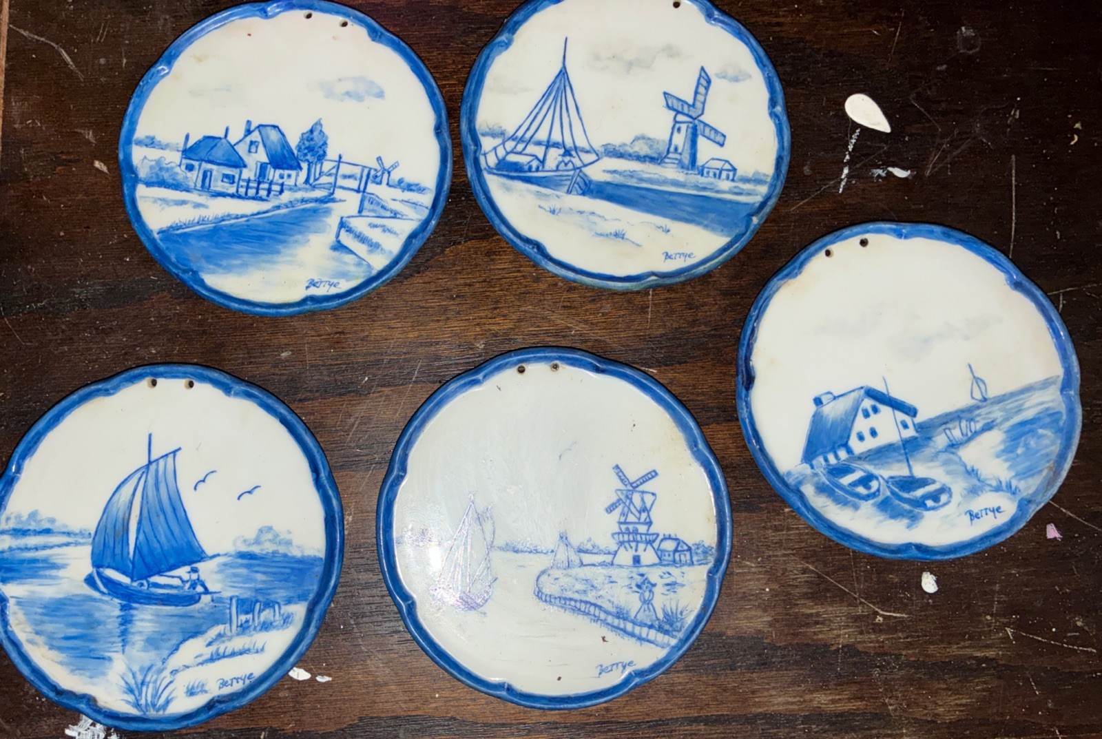 Vintage Delft Blue Miniature Wall Plates Set of 5 Hand Painted Signed Bettye