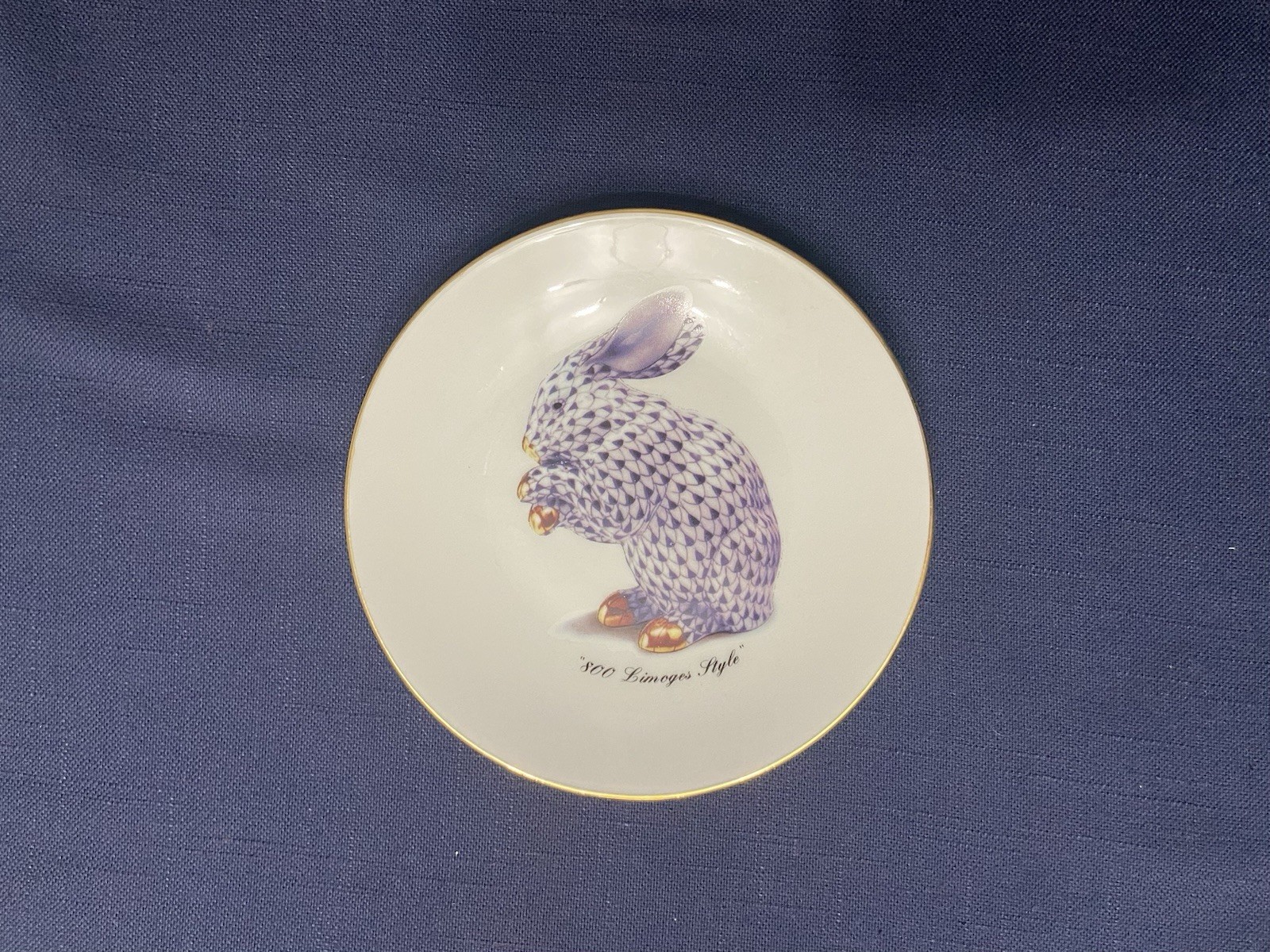 Vintage GODINGER 800 LIMOGES Style Blue Fishnet Rabbit Plate Gold Accents