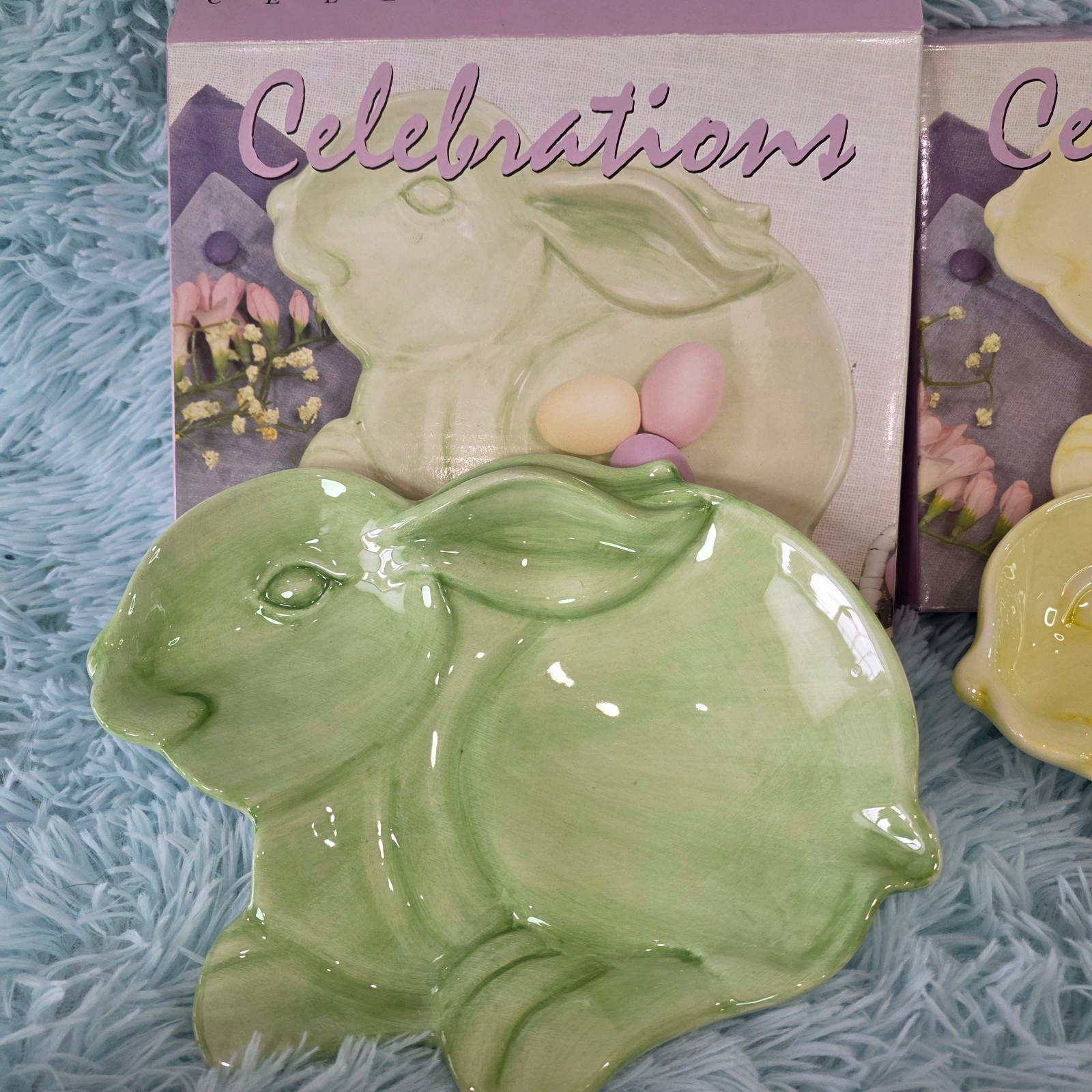 Set of 4 Celebrations Easter Bunny Appetizer Plates – Pastel Pink Green Yellow